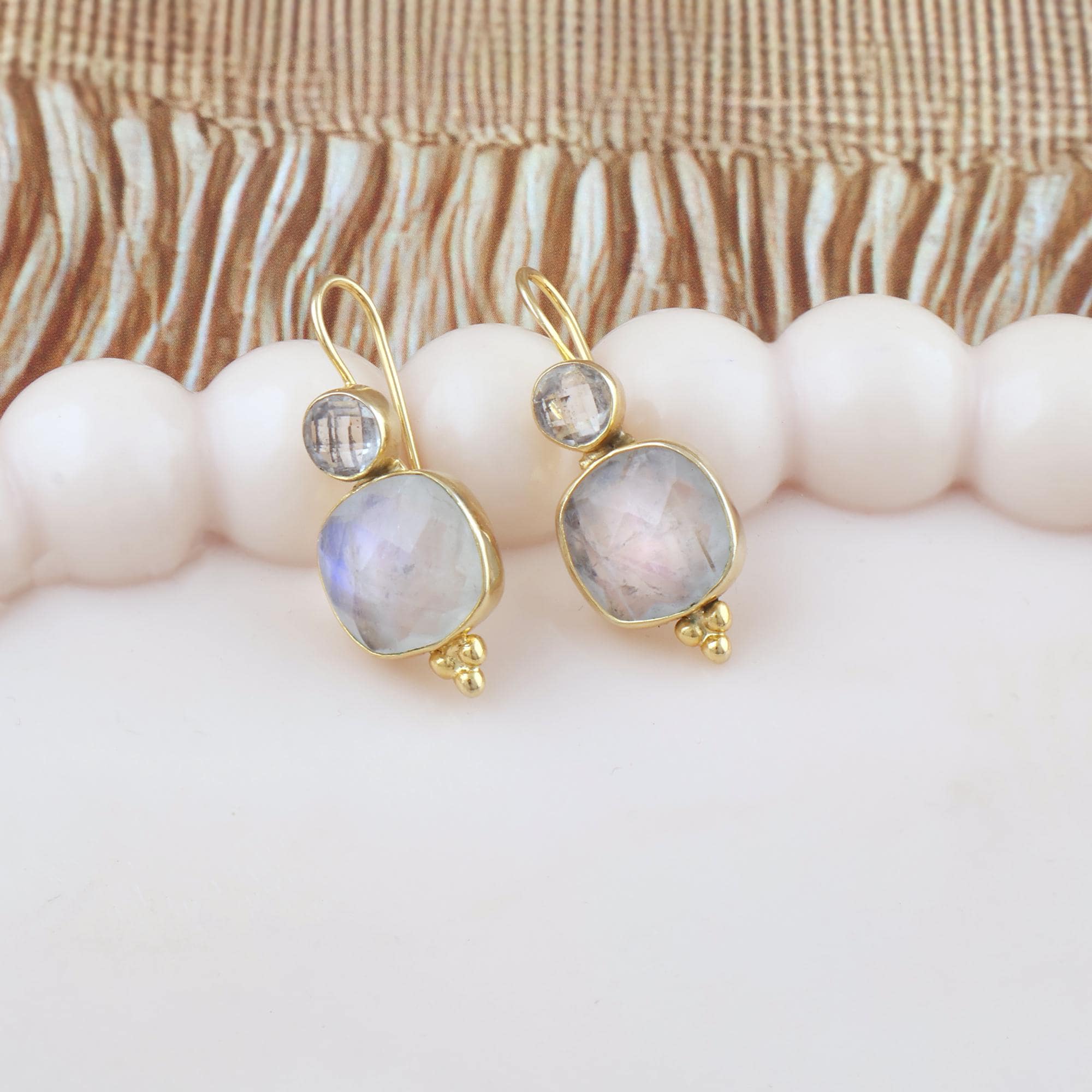 Rainbow Moonstone Drop Earrings with Cubic Zirconia, Gold Plated Boho Jewelry