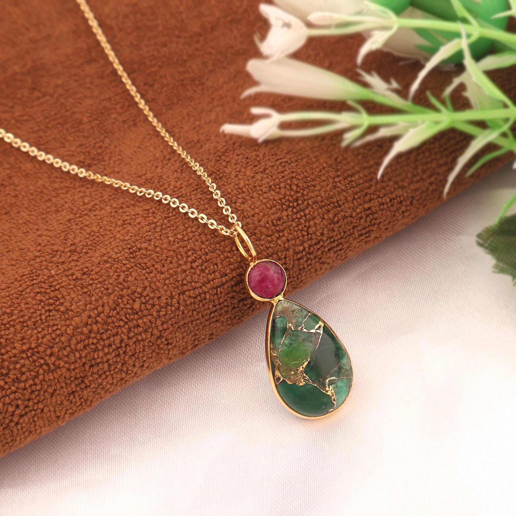 Ruby & Emerald Copper Turquoise Pendant Necklace: Gold Plated Gemstone Handmade Dainty Jewelry