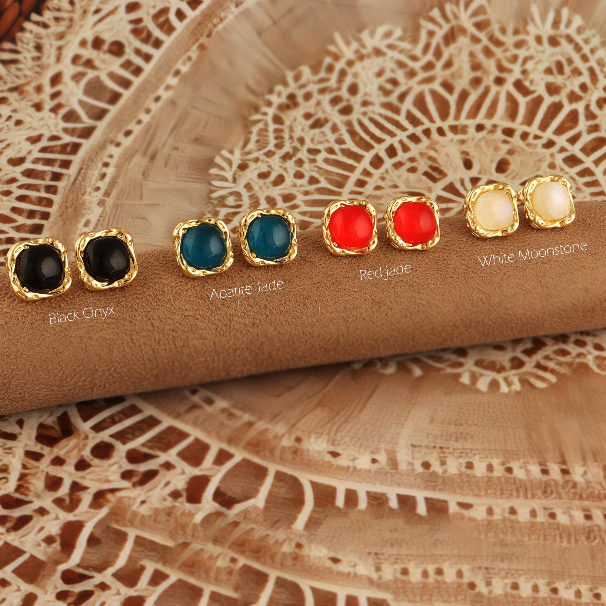 18k Gold Plated Gemstone Stud Earrings: Jade, Onyx