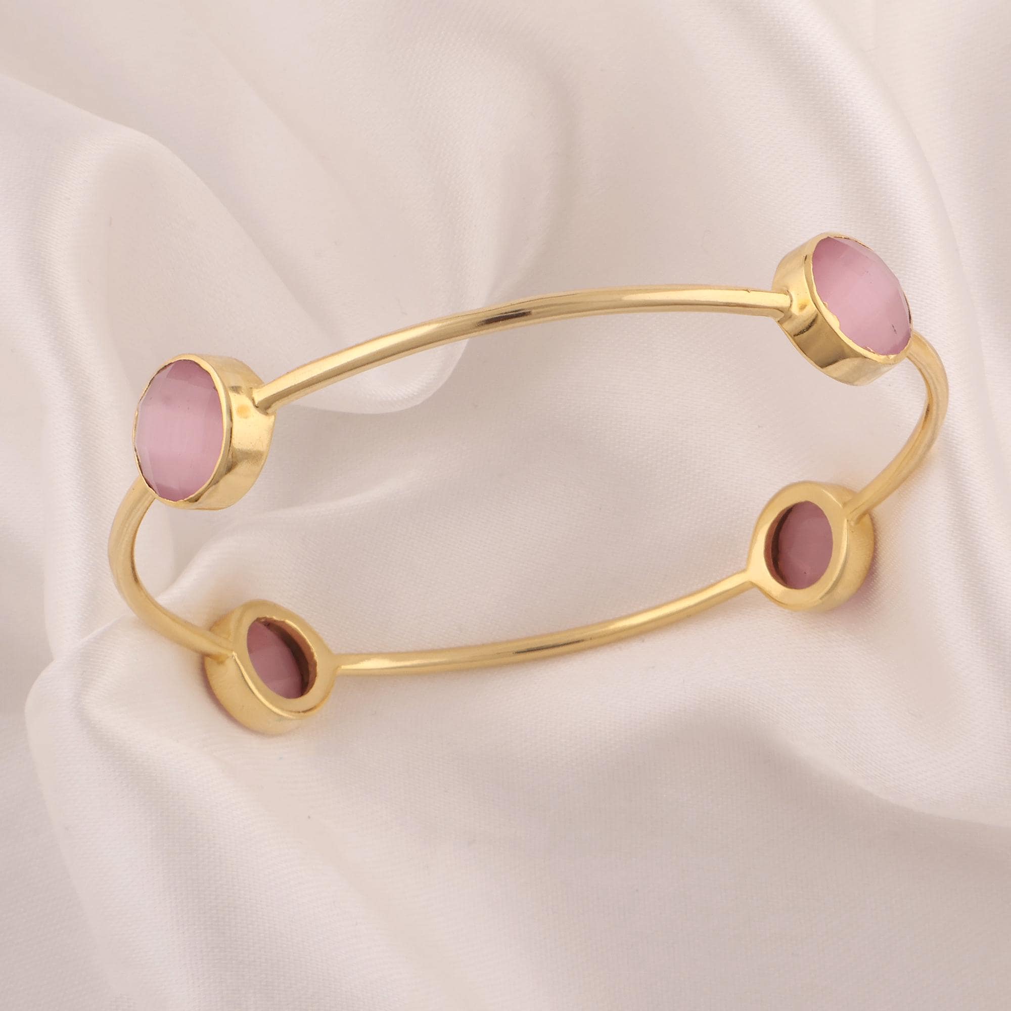 Pink Cat's Eye Gold Plated Bangle Bracelet: Bohemian Brass Jewelry