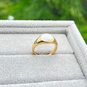 Gold Mother Of Pearl Ring - 18k Gold Plated Pearl Signet Ring - Round White Shell Ring - Wedding Statement Band - See Shell Unisex Ring