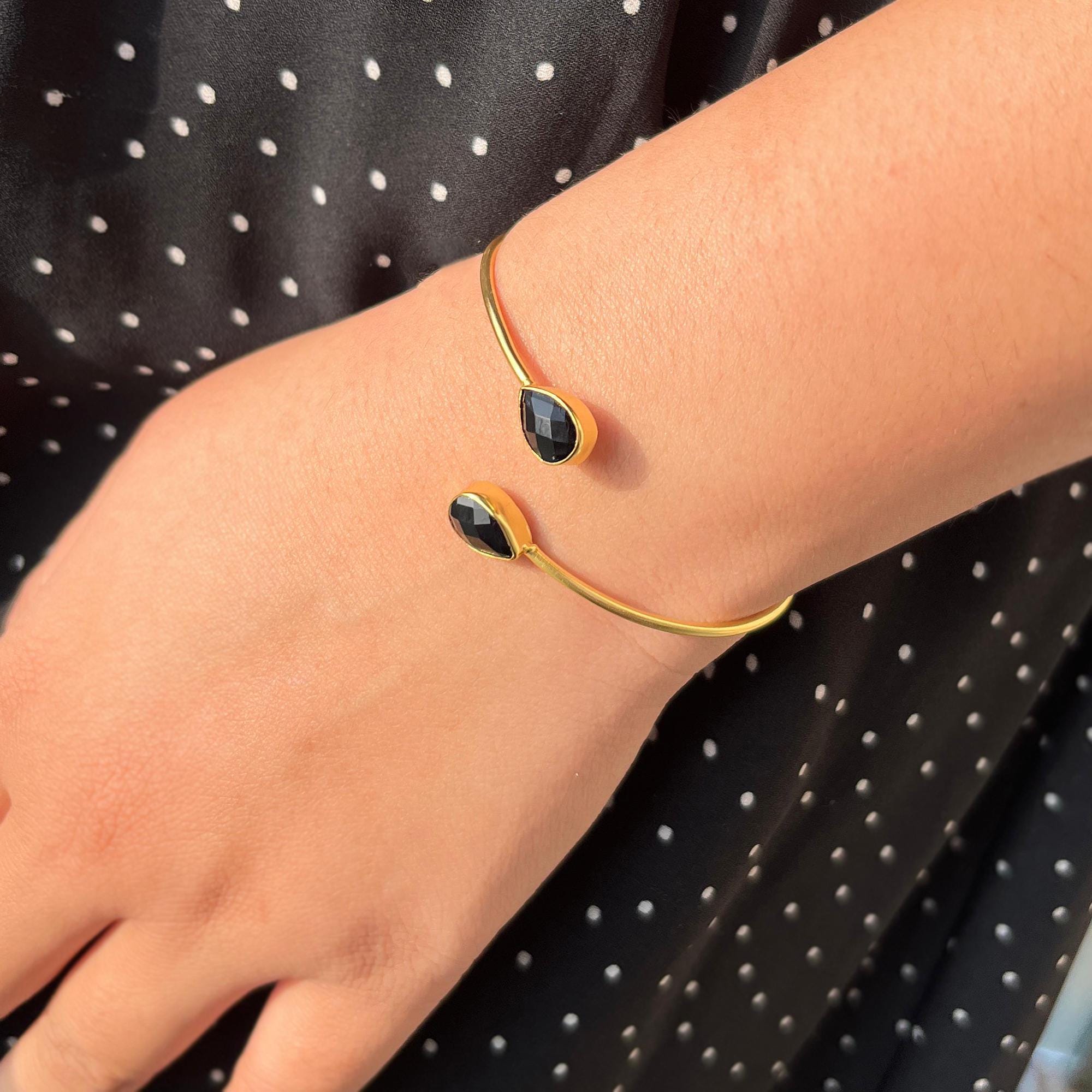 Handmade Black Onyx Gold Plated Cuff Bracelet - Adjustable Brass Bangle