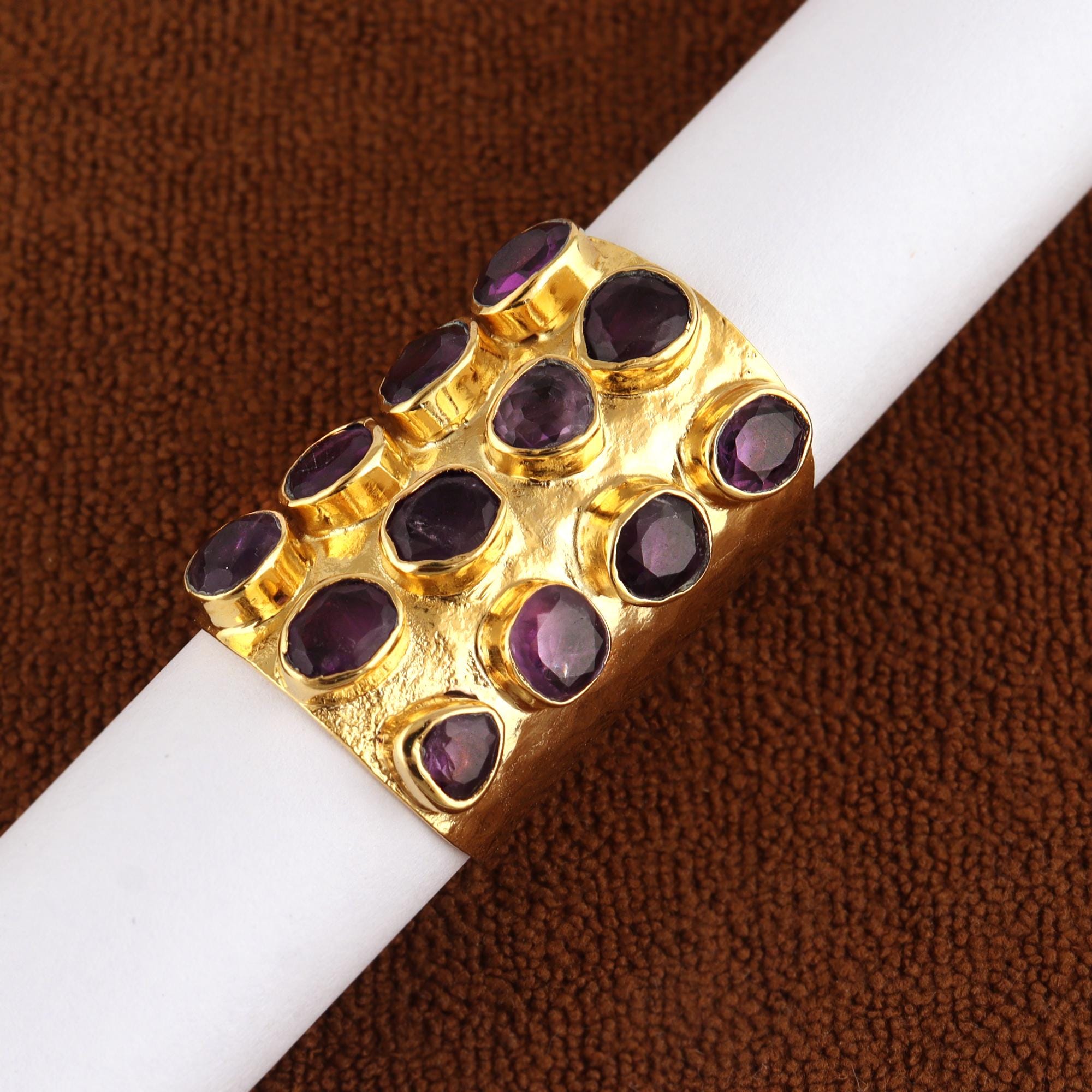 Hammered Gold Plated Cuff Ring - Natural Amethyst Multi Stone Wide Band