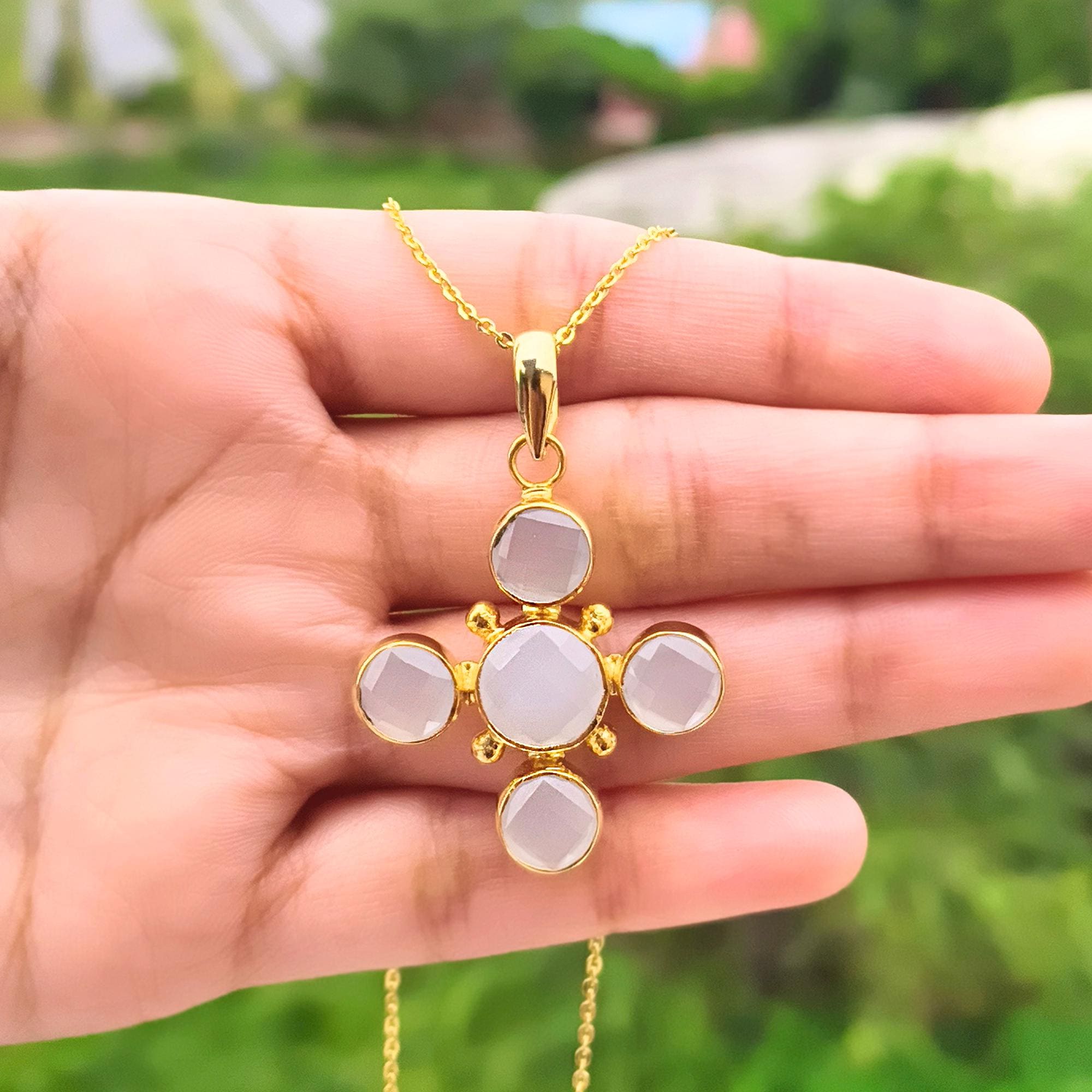 Cross Shaped Chalcedony Gemstone Pendant - 18k Gold Plated Charm Necklace