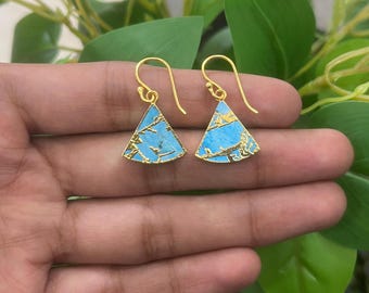 Boucles d'oreilles triangle cuivre bleu turquoise, bijoux en laiton plaqué or 18 carats