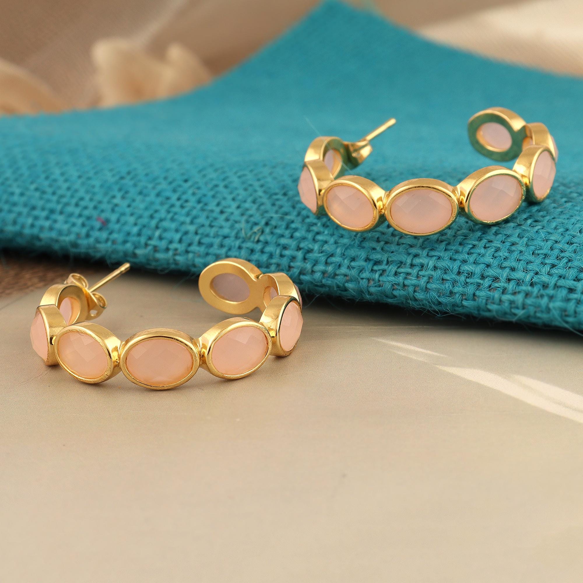 Pink Chalcedony Hoop Earrings: 18k Gold Plated Oval Gemstone Studs