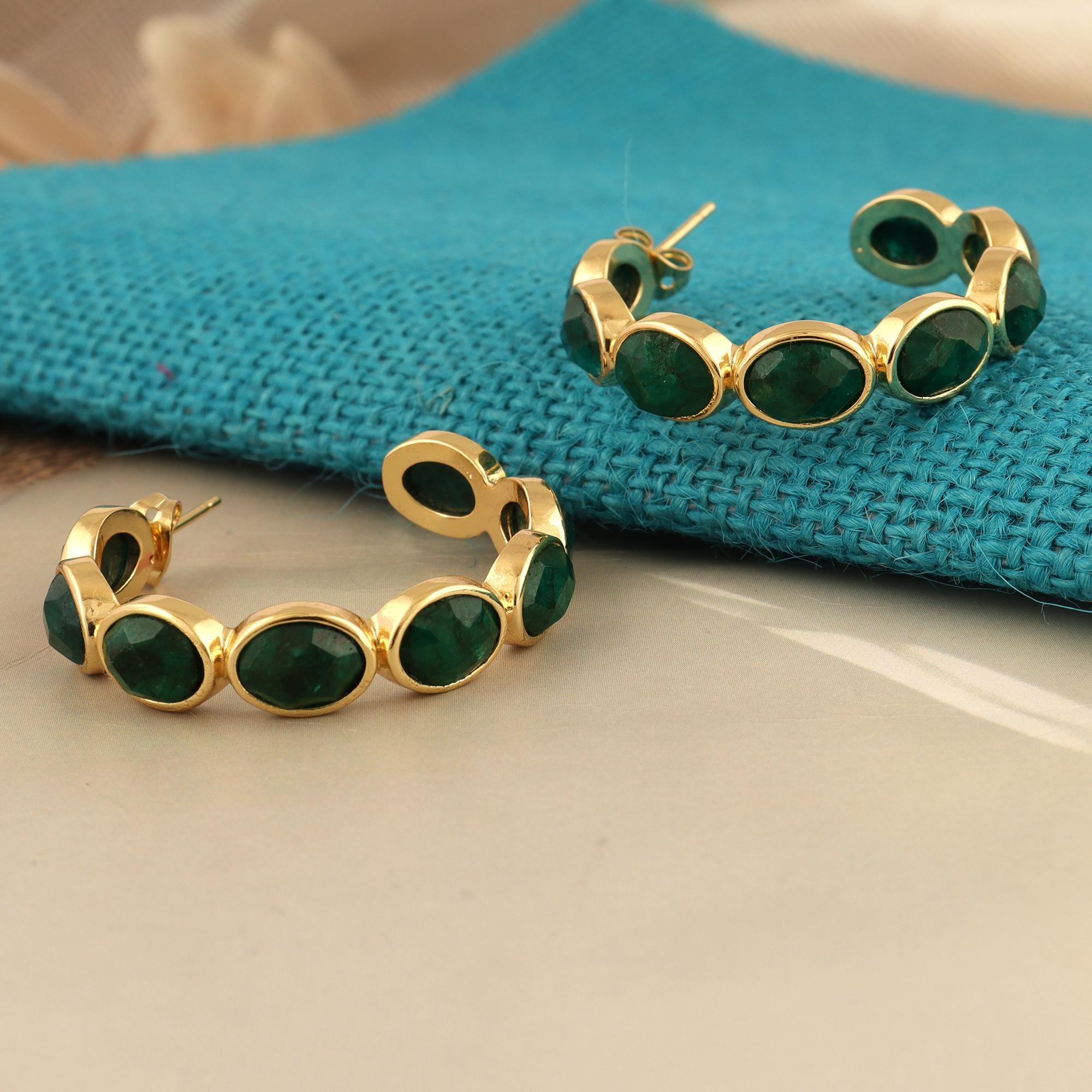Gold Plated Emerald Hoop Earrings: Dainty Oval Gemstone Studs