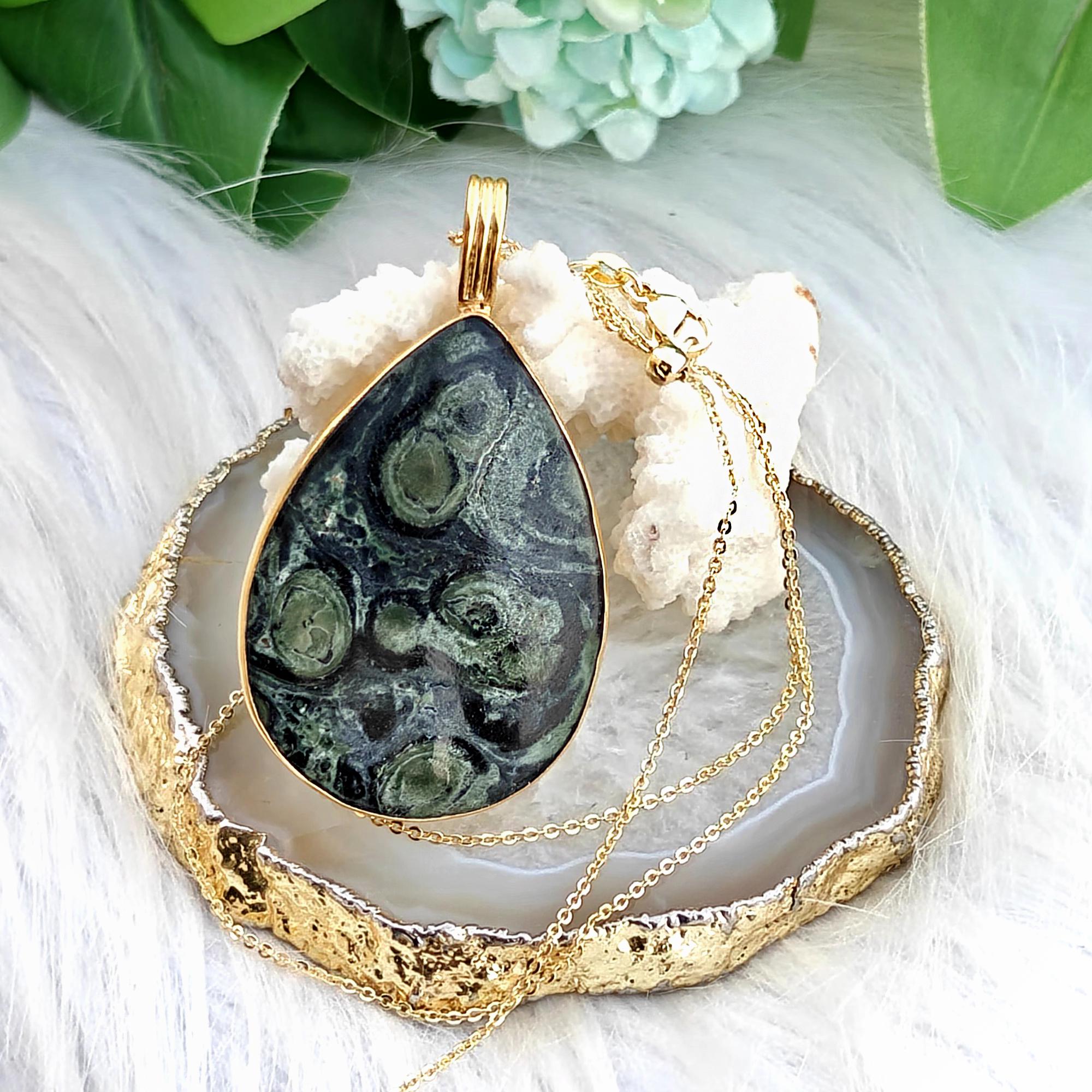 Kambaba Jasper Teardrop Gemstone Pendant : Chunky Gold Plated Brass Bezel Pear Shaped Necklace