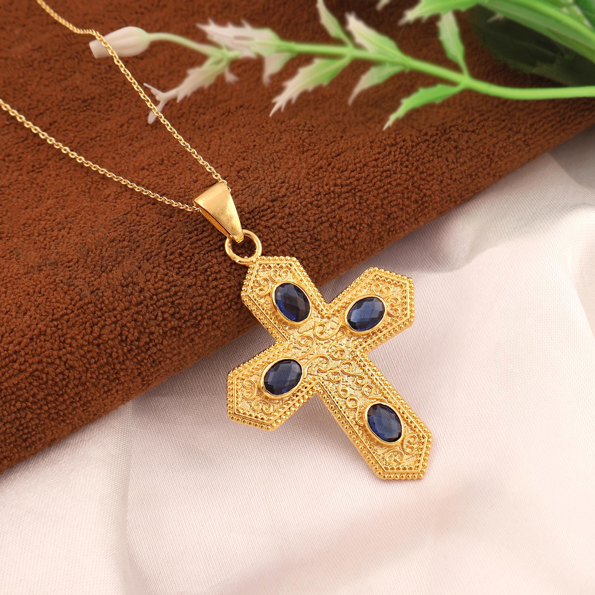Multi Gemstone Cross Pendant Necklace: Iolite, Blue Quartz