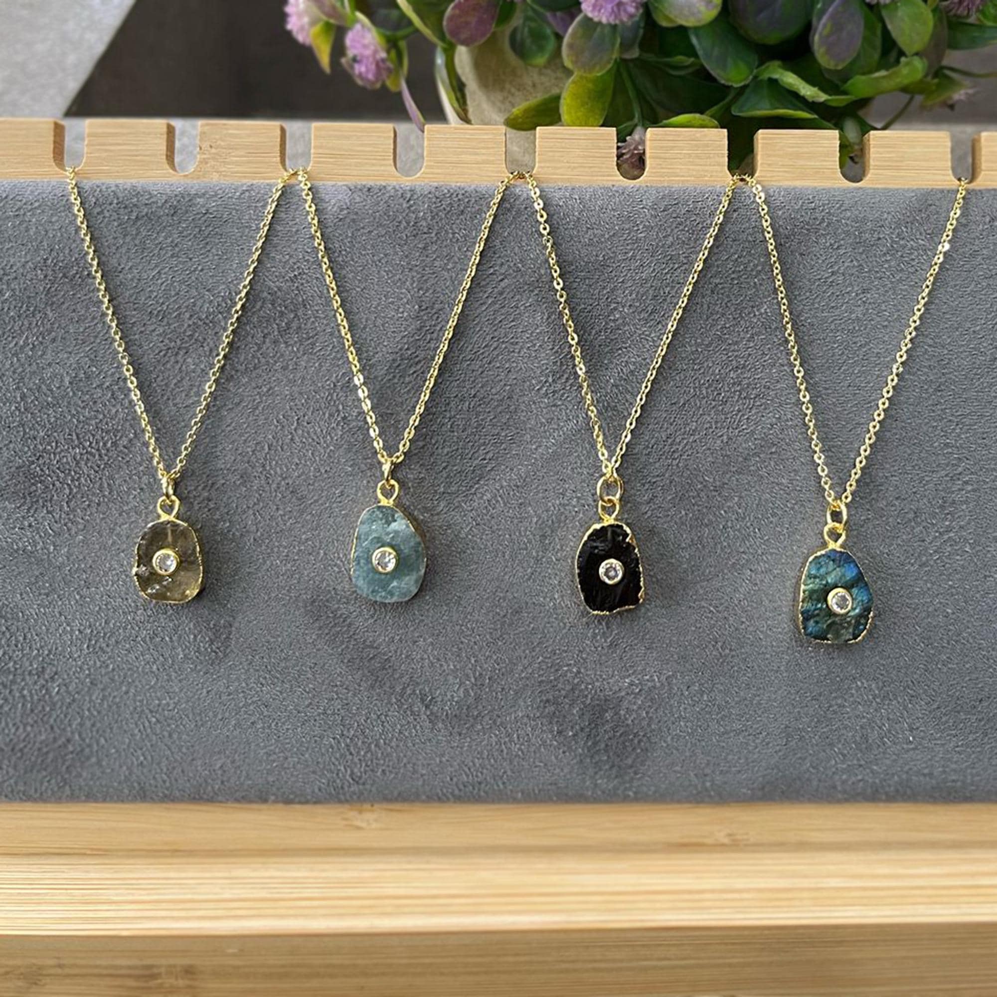 Uneven Raw Gemstone Pendant Necklace: Gold-Plated Cable Chain with CZ Gemstone