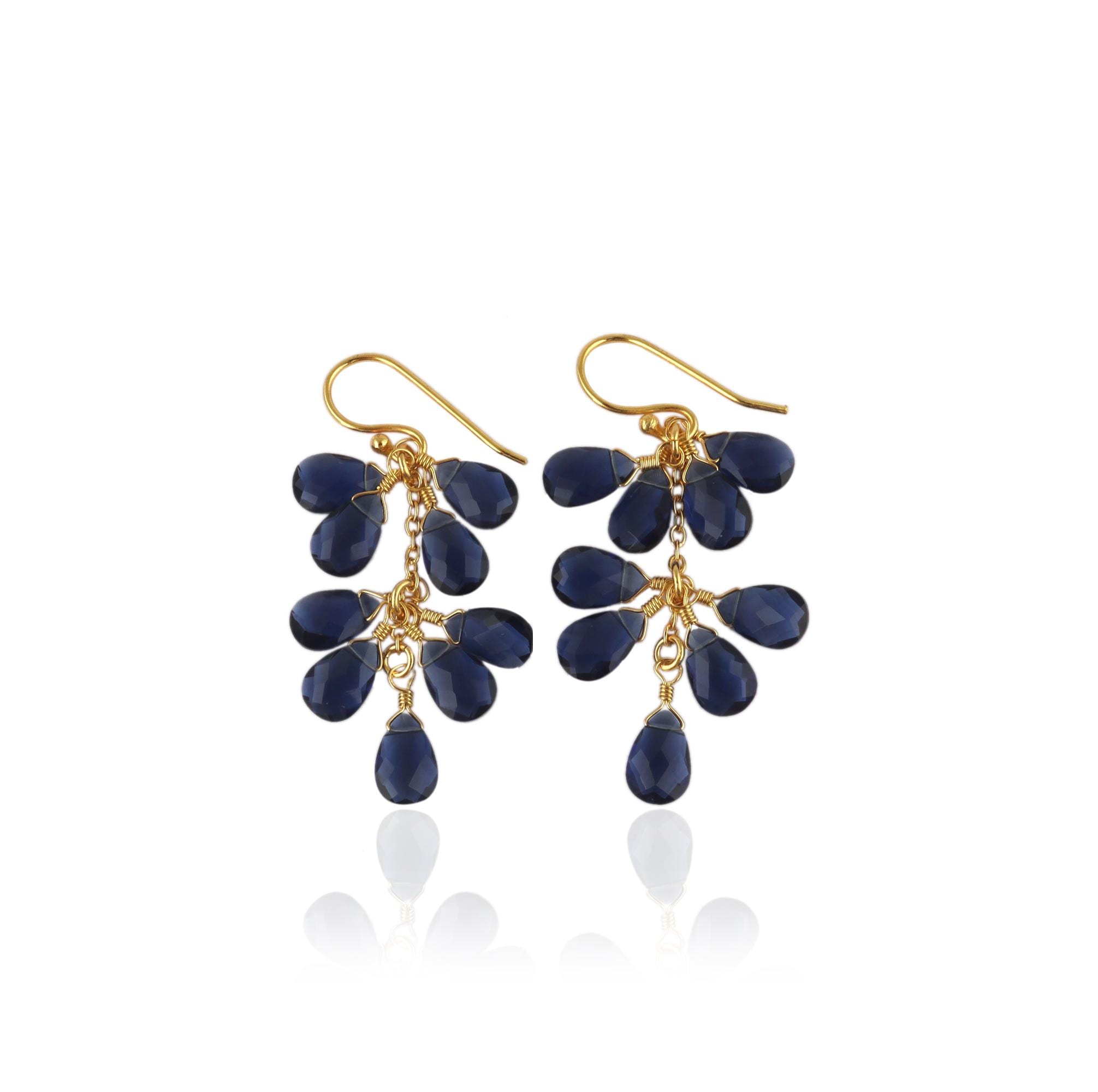 Iolite Quartz Grapes Drop Earrings Gold-Plated Dangles - Multi Blue Crystal Petal Checker Cut Gemstone