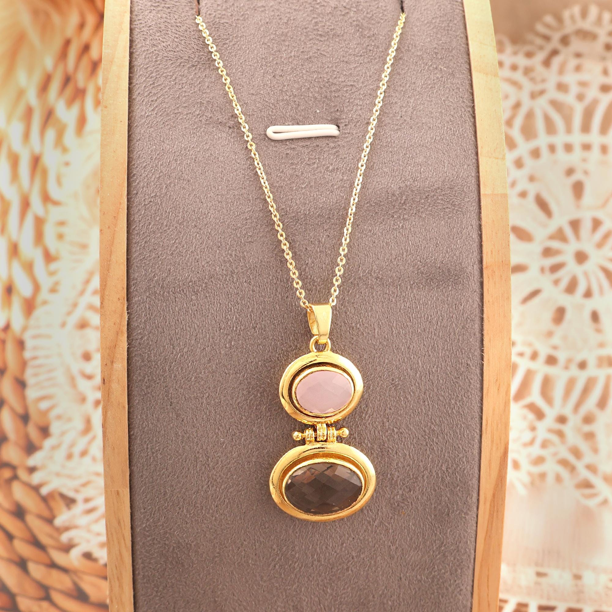 Gold Plated Victorian Double Drop Pendant: Faceted Gemstone Necklace
