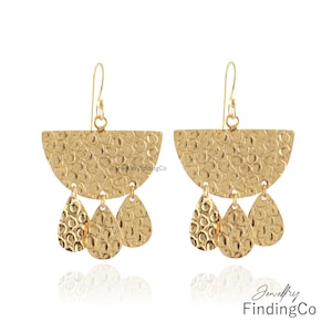 Hammered Gold Plated Brass Earring - Statement Hook Earrings – Contemporary Drop Earring – Unique Hanging Earrings