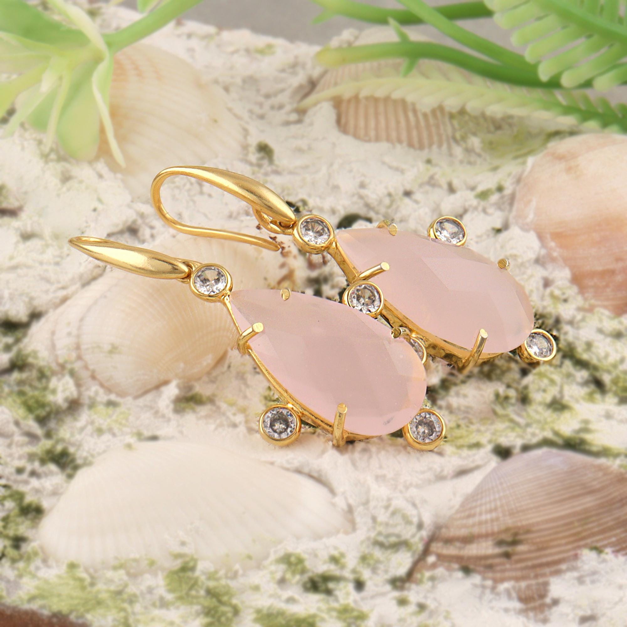 Rose Pink Chalcedony with CZ Accent Dangle Earrings: Gold Elegant Pastel Crystal Teardrop Jewelry