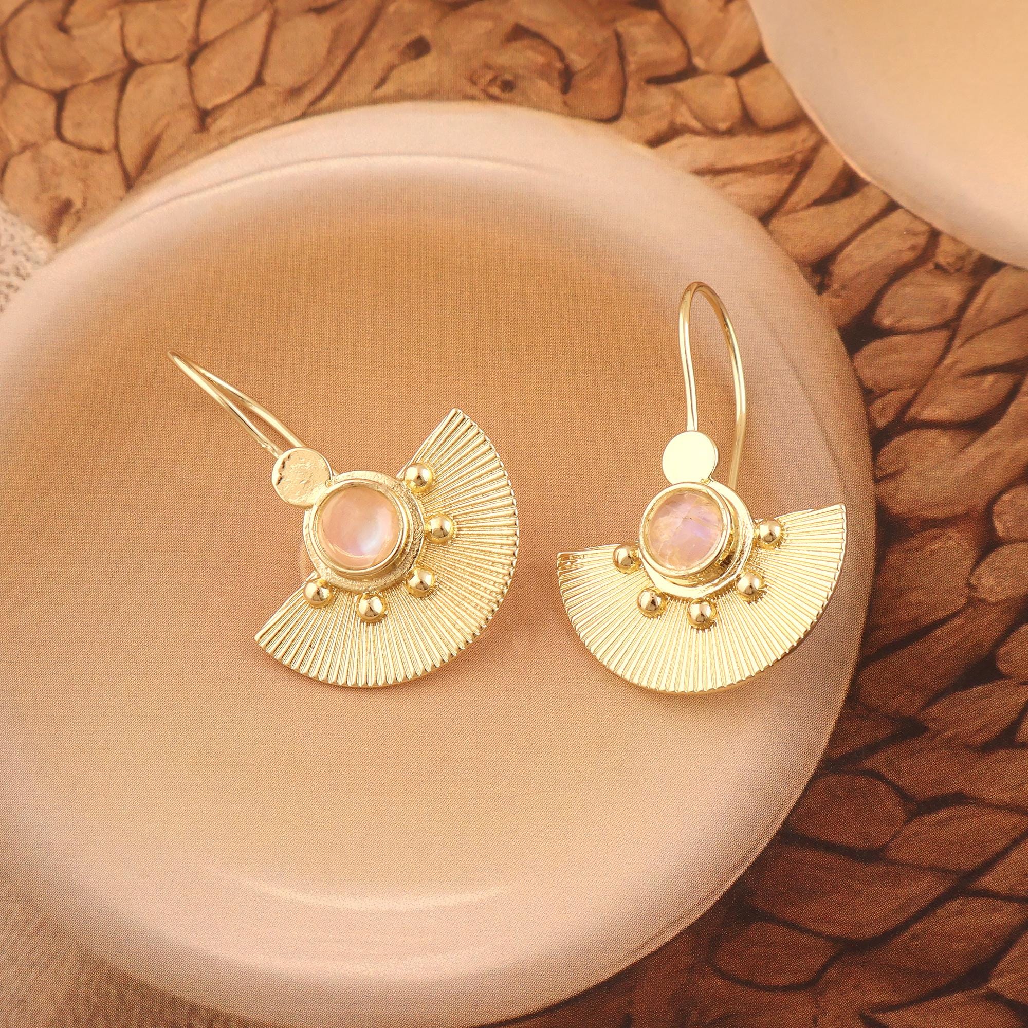 Dainty Round Moonstone Hook Earrings: Gold Plated Brass