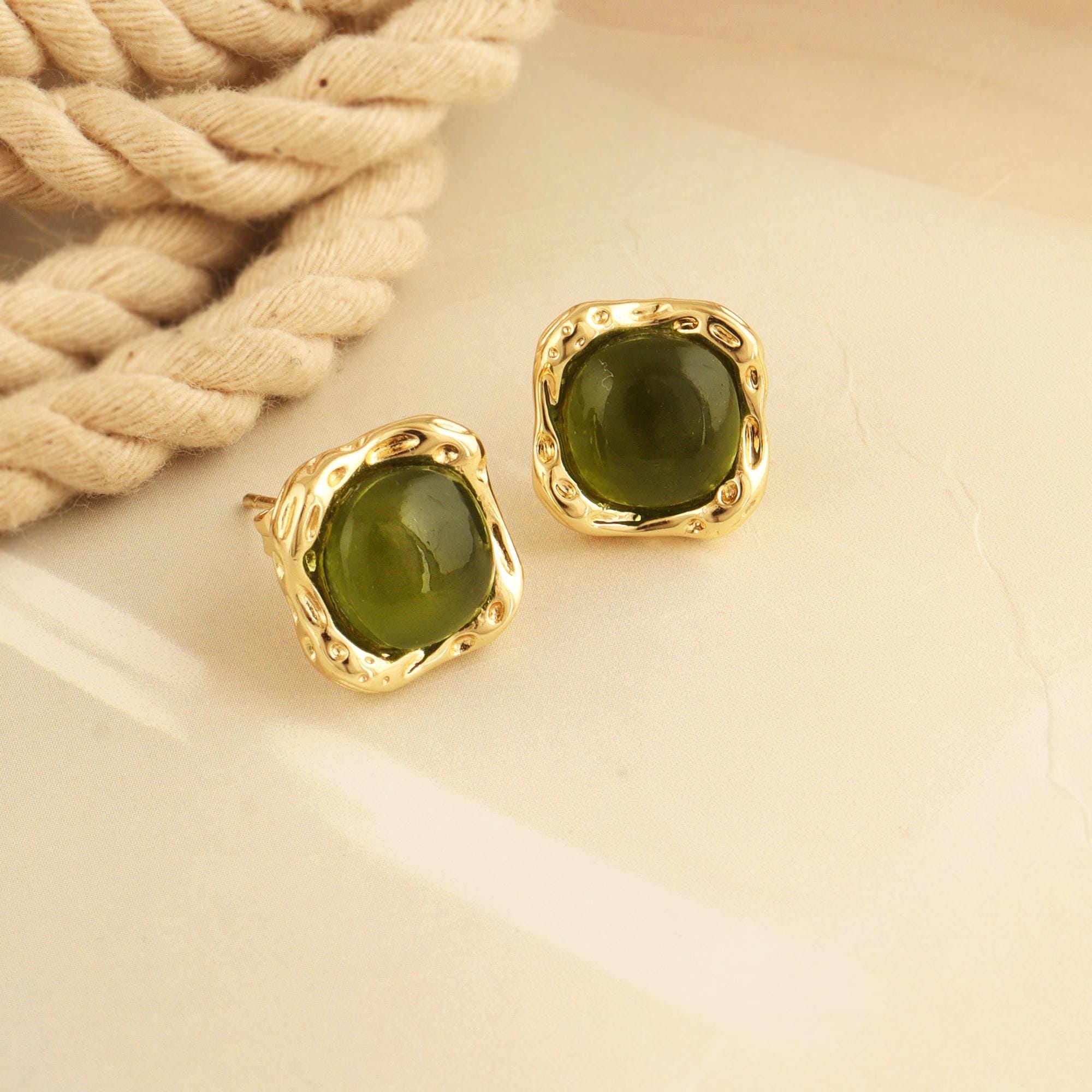 Moldavite Stud Earrings: 18k Gold Plated Dainty Green Gemstone Studs