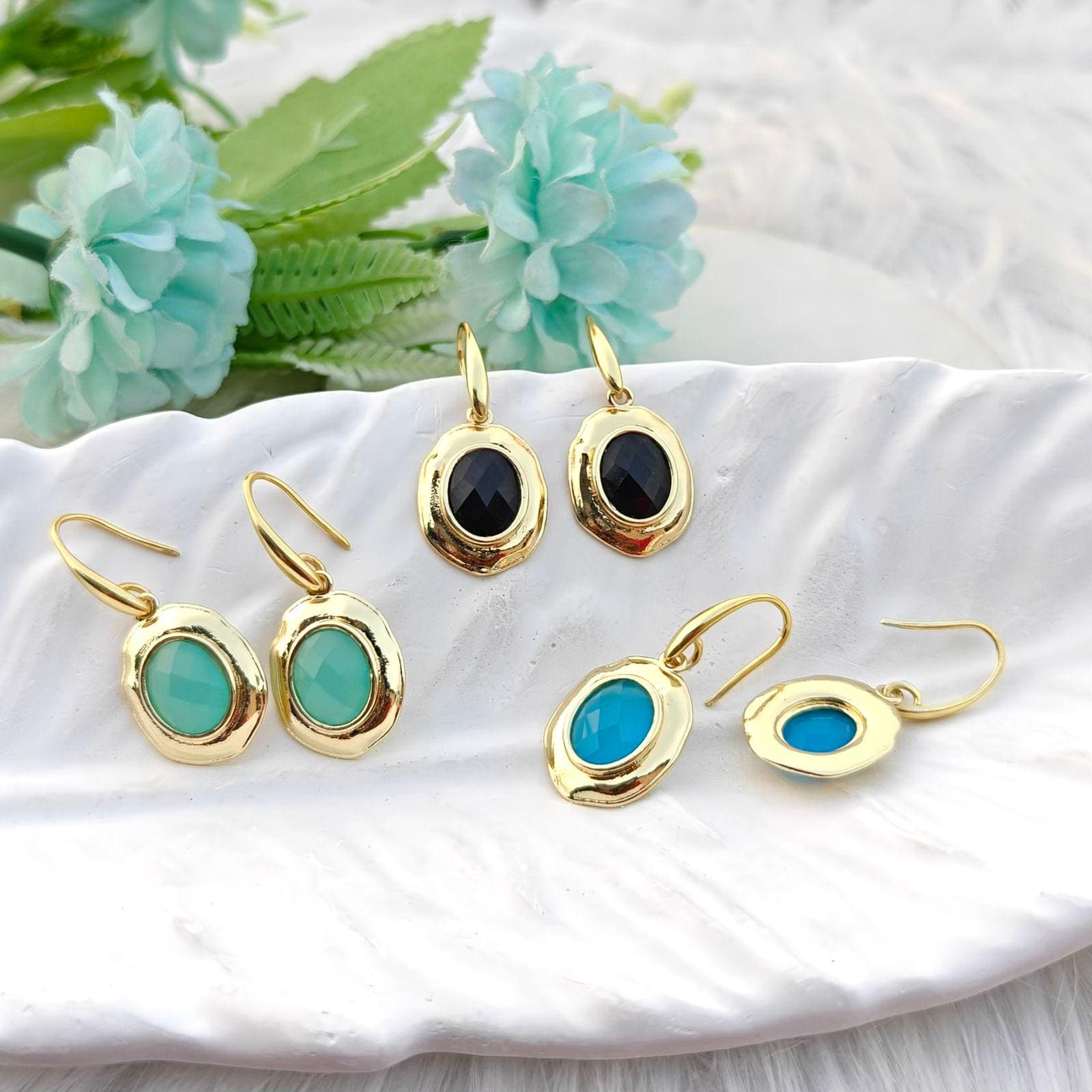 Gold Plated Organic Gemstone Drop Earrings – Oval Cut Stone Boho Dangles