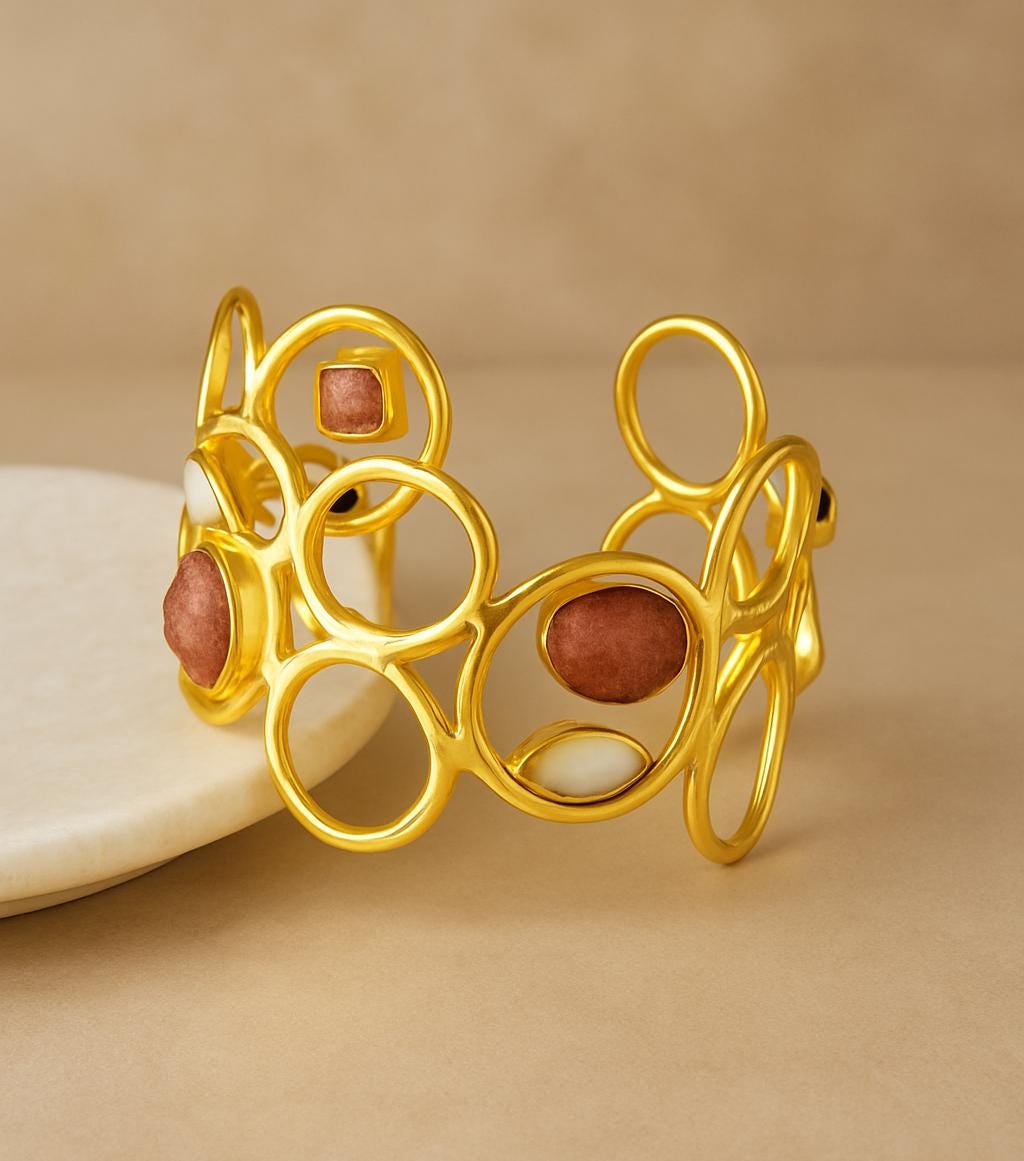 Gold Plated Brass Cuff Bracelet: Mother of Pearl & Cherry Quartz Gemstone Jewelry