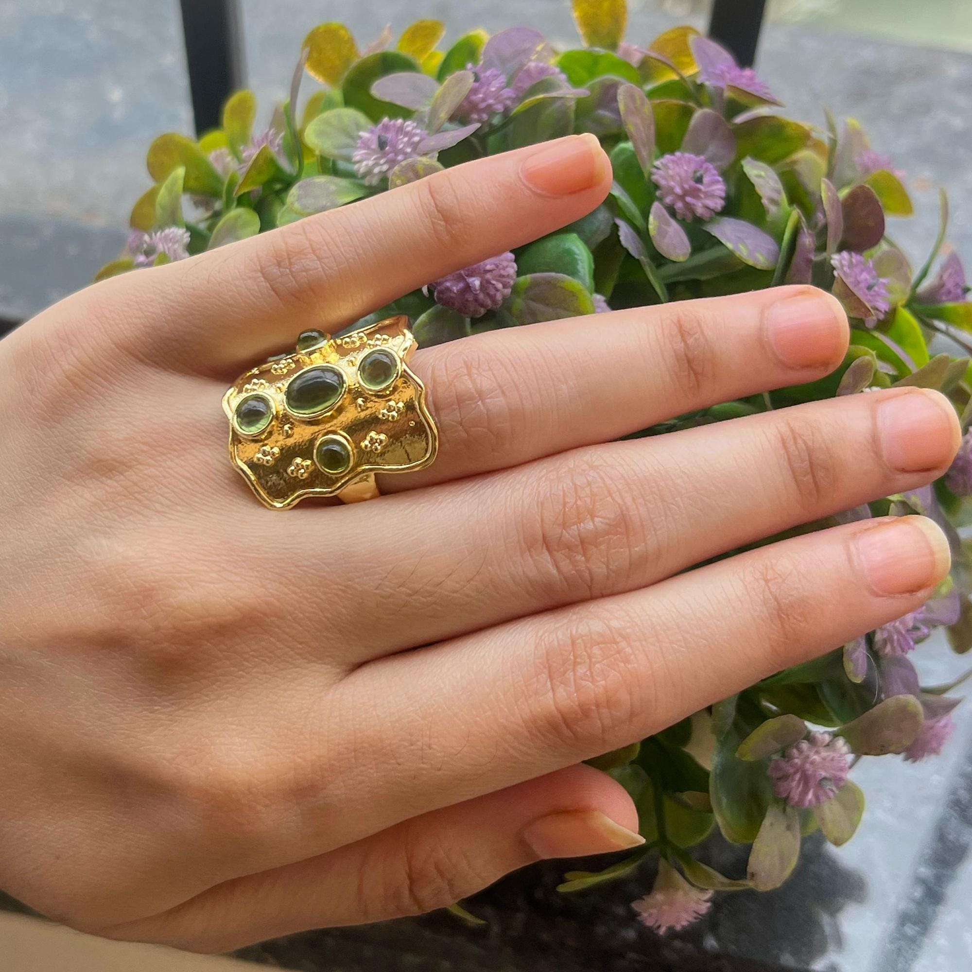 Gold Plated Brass Moldavite Ring: Adjustable Gemstone Jewelry