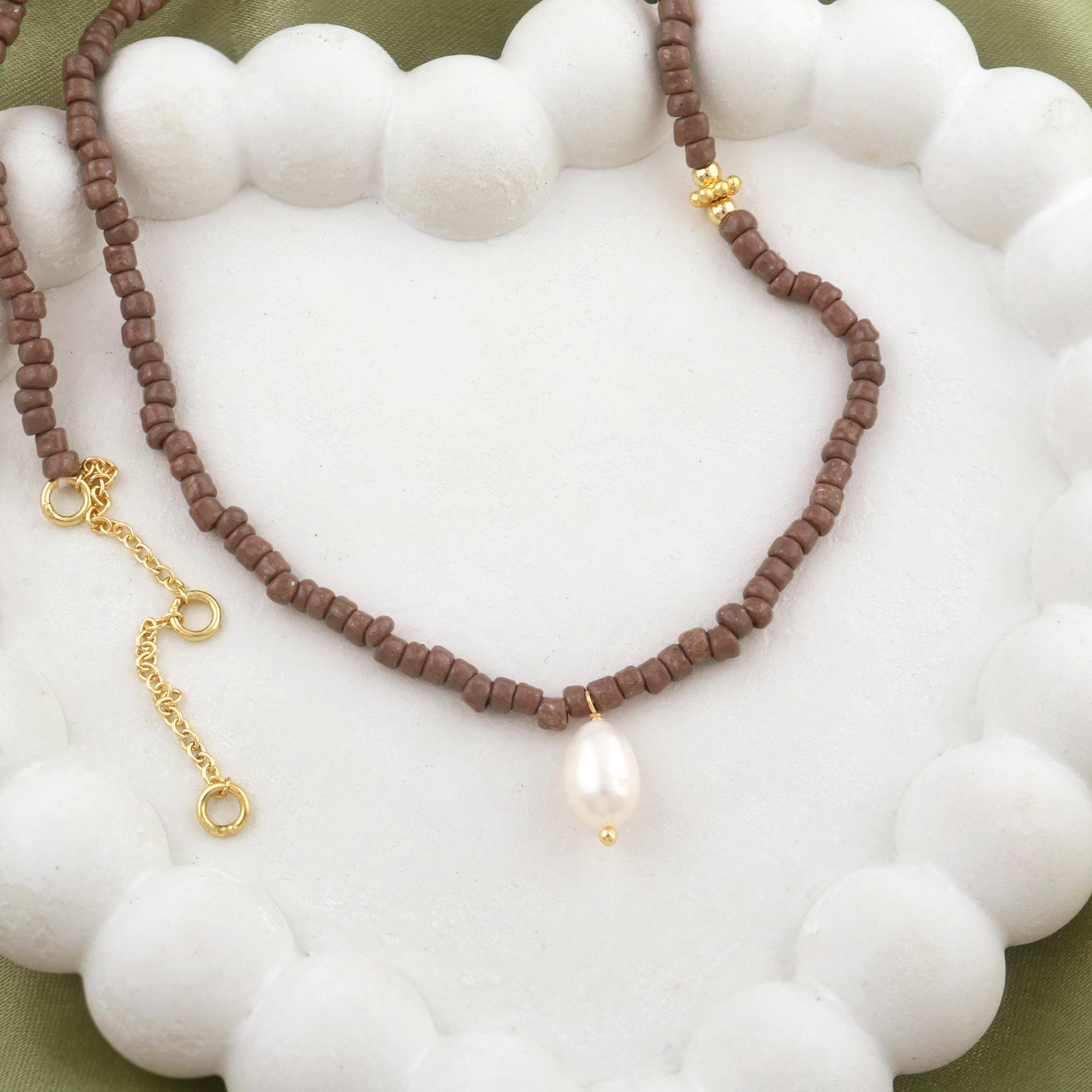 Pearl And Brown Beads Necklace - 18k Gold Plated Chain Beaded jewelry