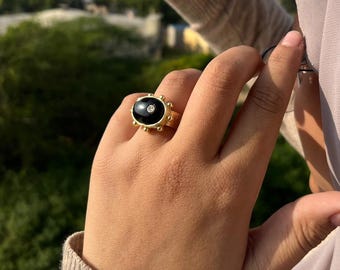 オーバル型大粒宝石カクテルリング - ゴールドメッキカフリング、大胆なヴィンテージ風ジュエリー
