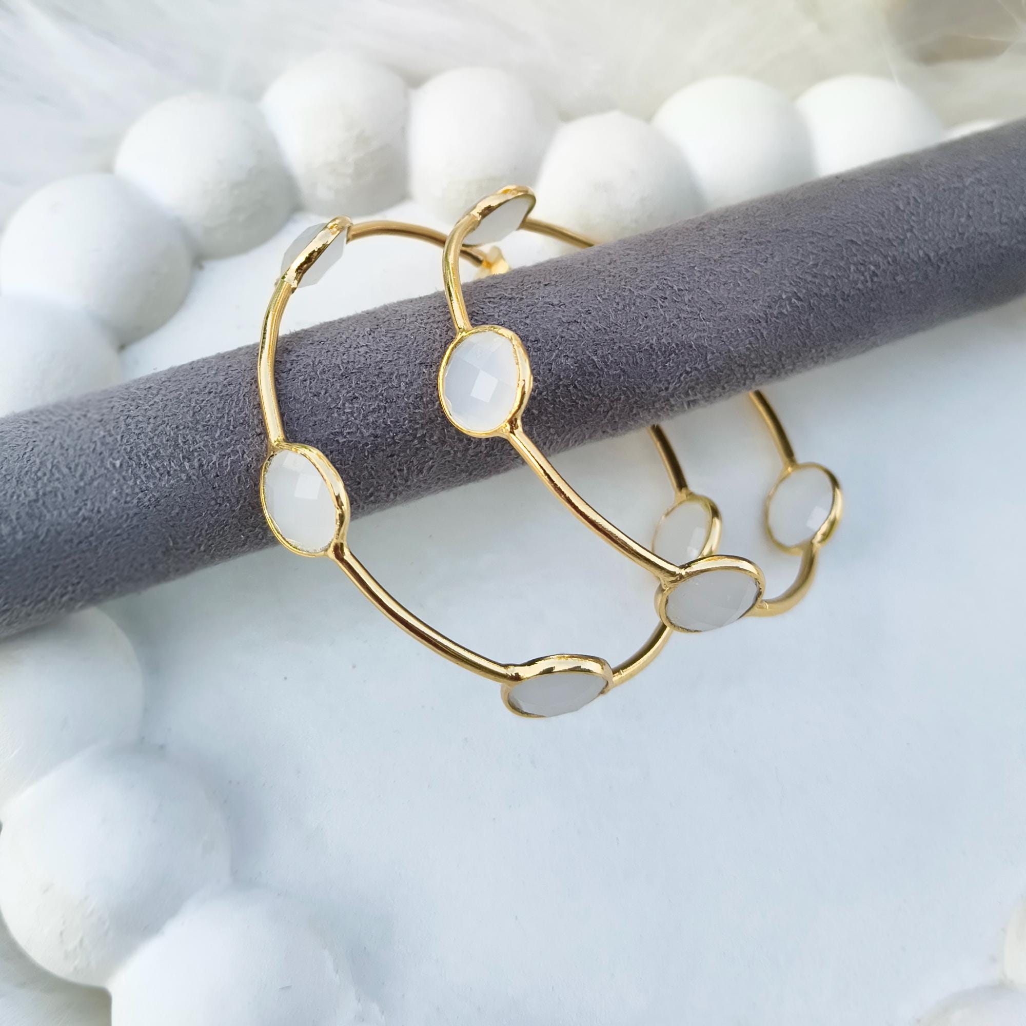 18k Gold Plated White Chalcedony Hoop Earrings - Elegant Gemstone Jewelry