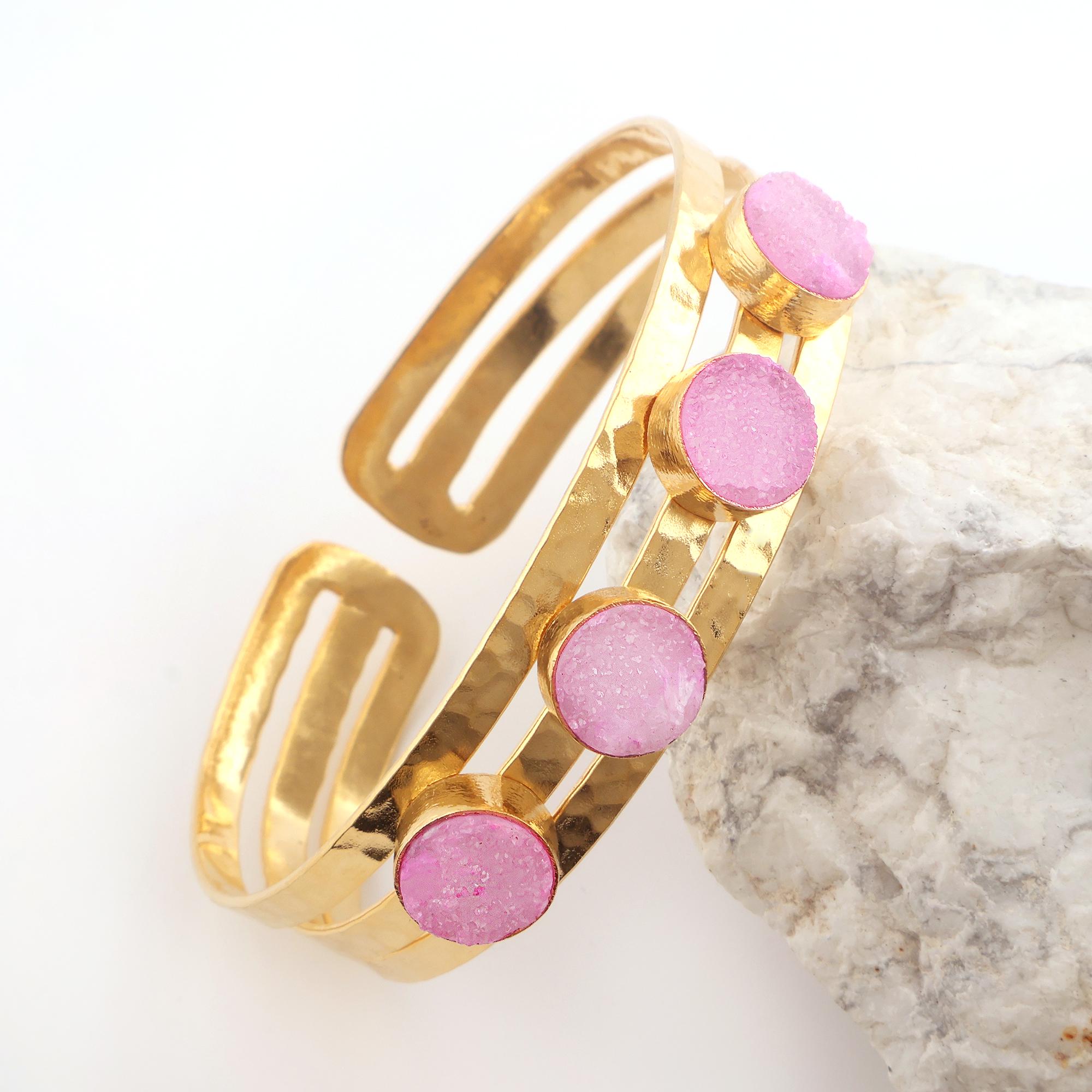 18k Gold Agate Sugar Druzy Cuff Bracelet: Round Pink Druzy Bangle for Her