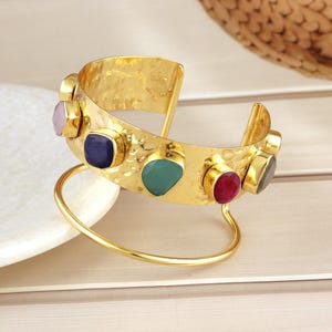 Multi Stone Bracelet, Chunky Cuff Bracelet, Hammered Gold Plated Brass Cuff, Textured Wide Open Cuff Women Bracelet