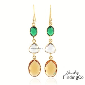 Mixed Shape Faceted Gemstone Earrings, 18k Gold Plated Quartz Dangle Drop Earrings, Handmade Jewelry for Women, Unique Gift for Her