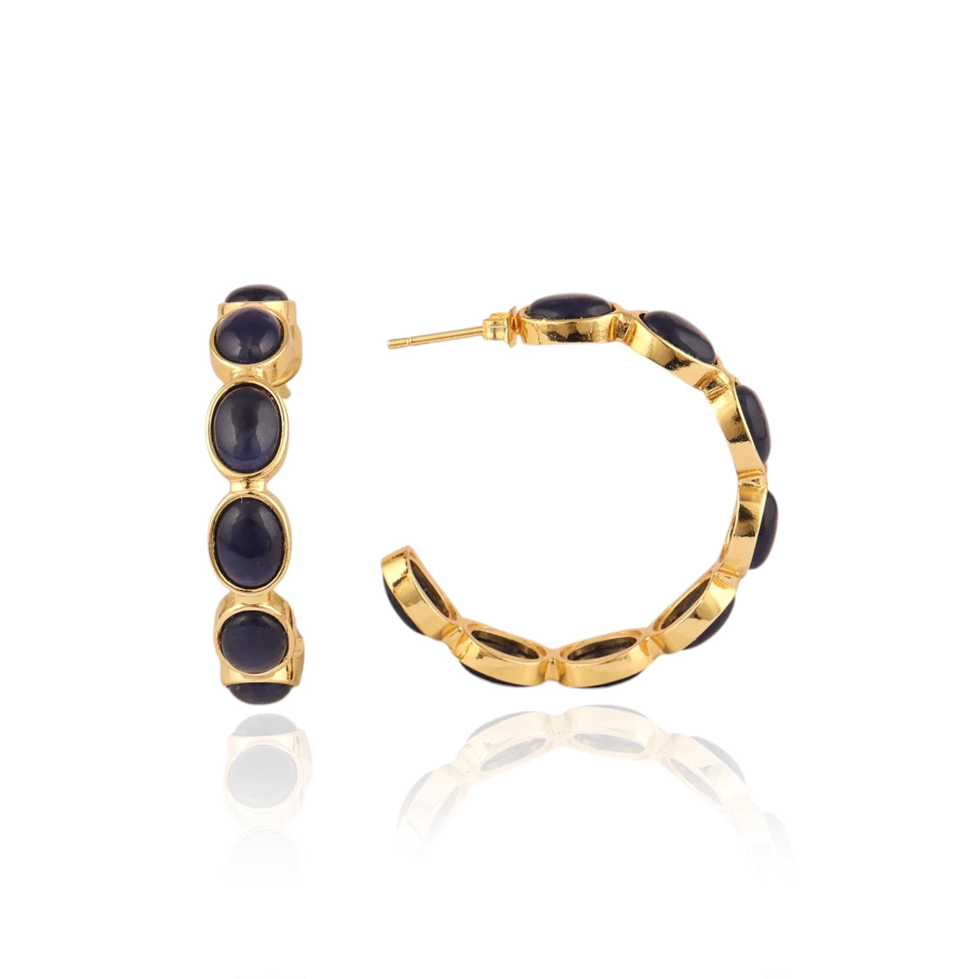 Sodalite Hoop Earrings: 18k Gold-Plated, Blue Gemstone