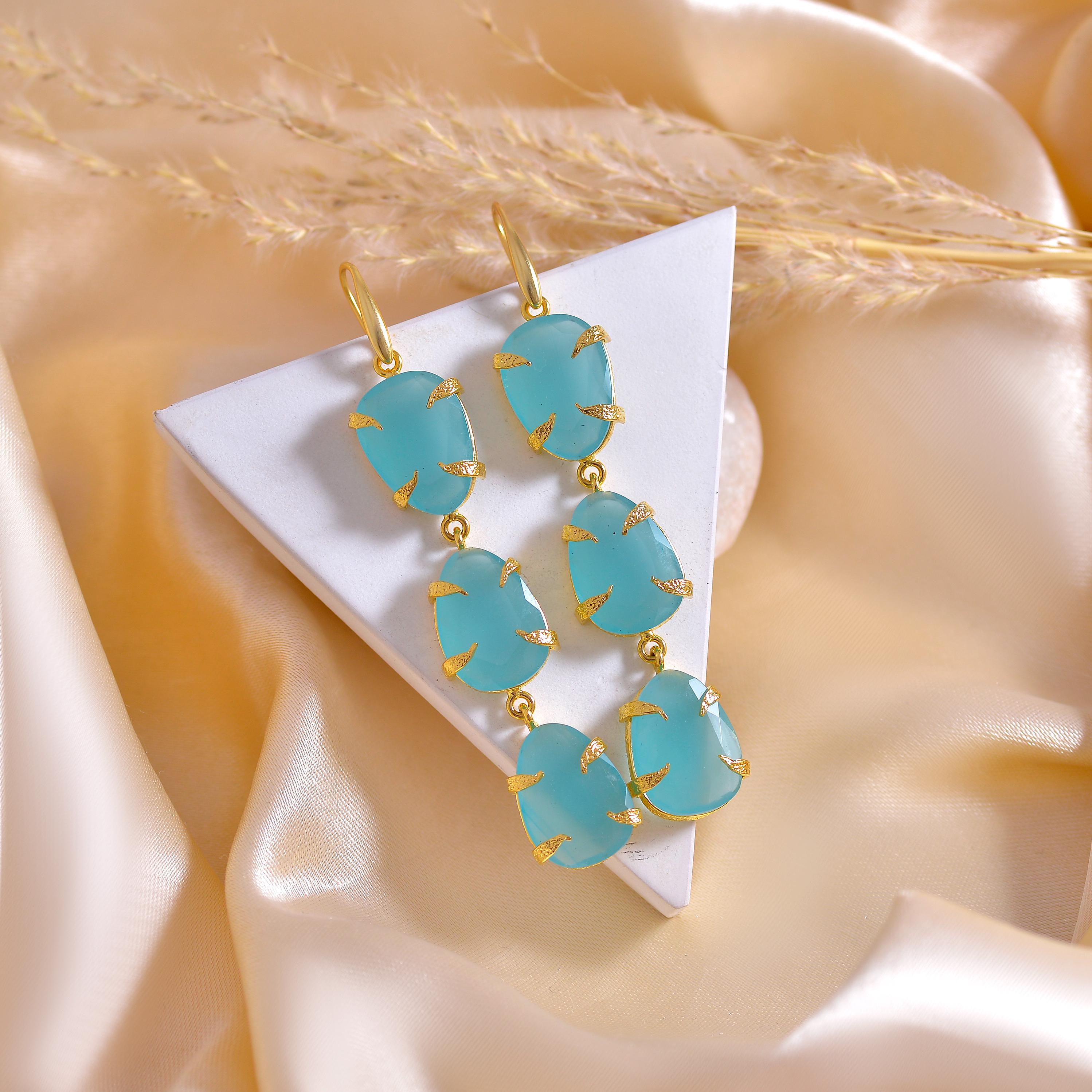 Chalcedony Gemstone Drop Earrings: Gold Plated Brass Jewelry