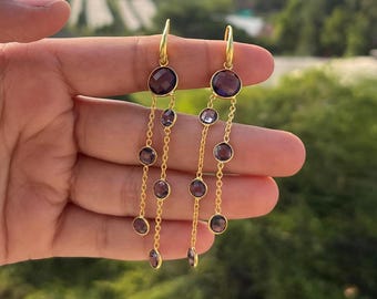 Paarse amethist edelsteenkettingoorbellen, 18k vergulde ring-instelling