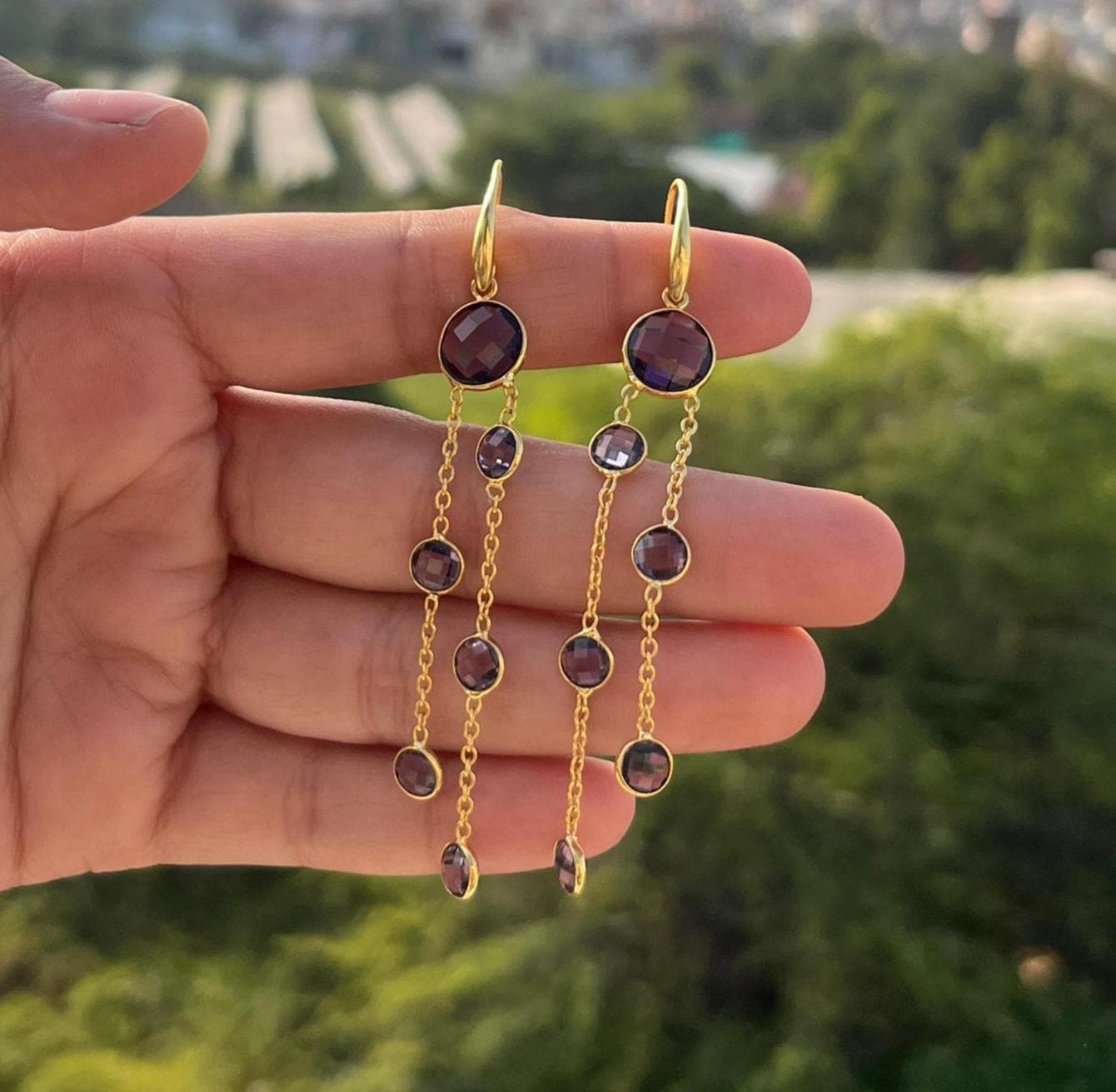Purple Amethyst Quartz Gemstone Chain Earrings, 18k Gold Plated Bezel Setting