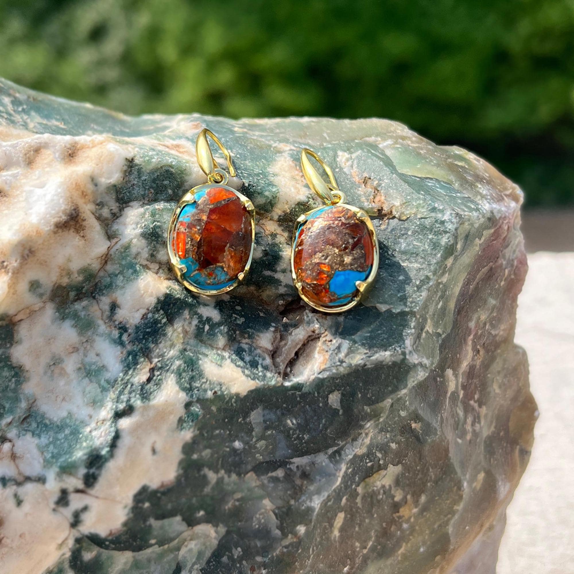 Oyster Copper Turquoise Drop Earrings: Gold Plated Oval Mojave Gemstone Dangles