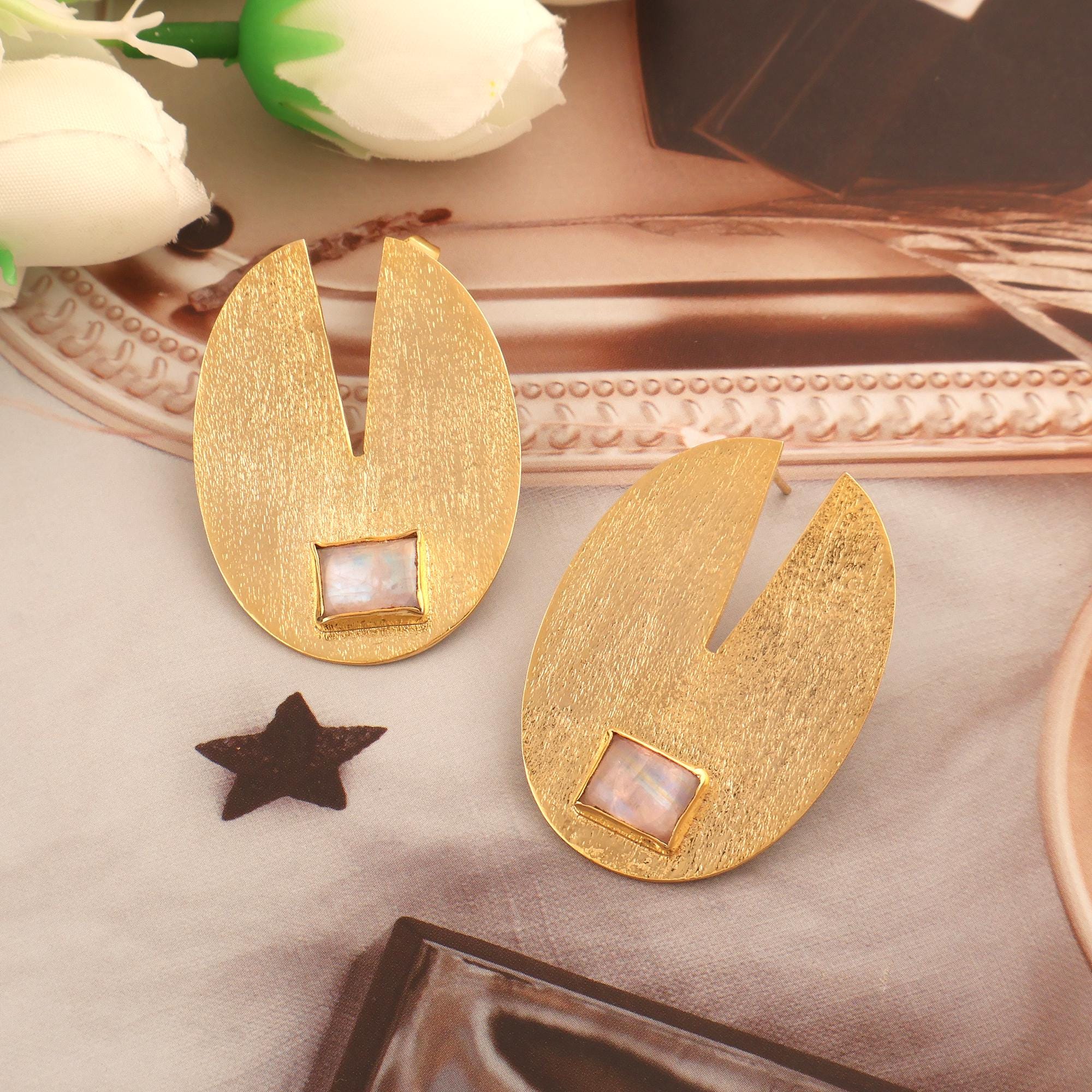 Gold Oval Cutout Earrings with Moonstone – Modern Geometric Statement Stud Earrings