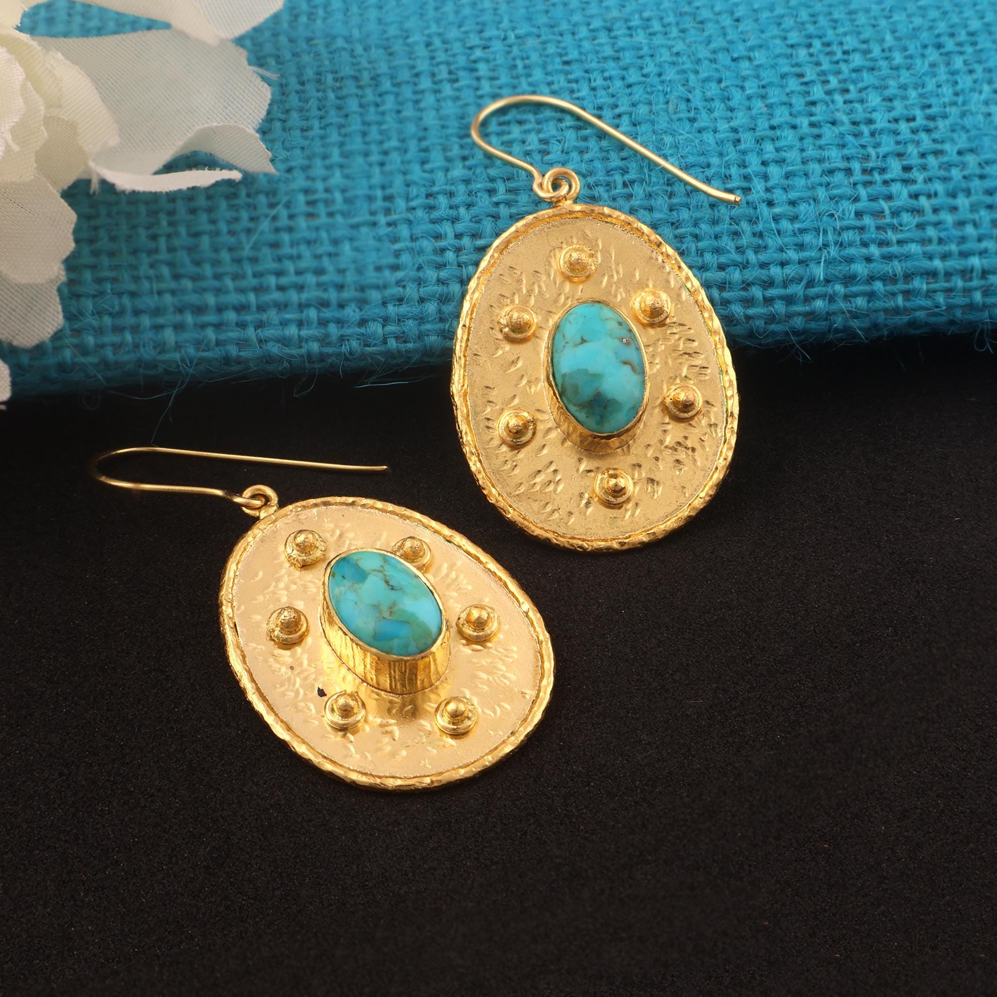 Oval Arizona Turquoise Earrings: 18k Gold Plated Boho Dangle