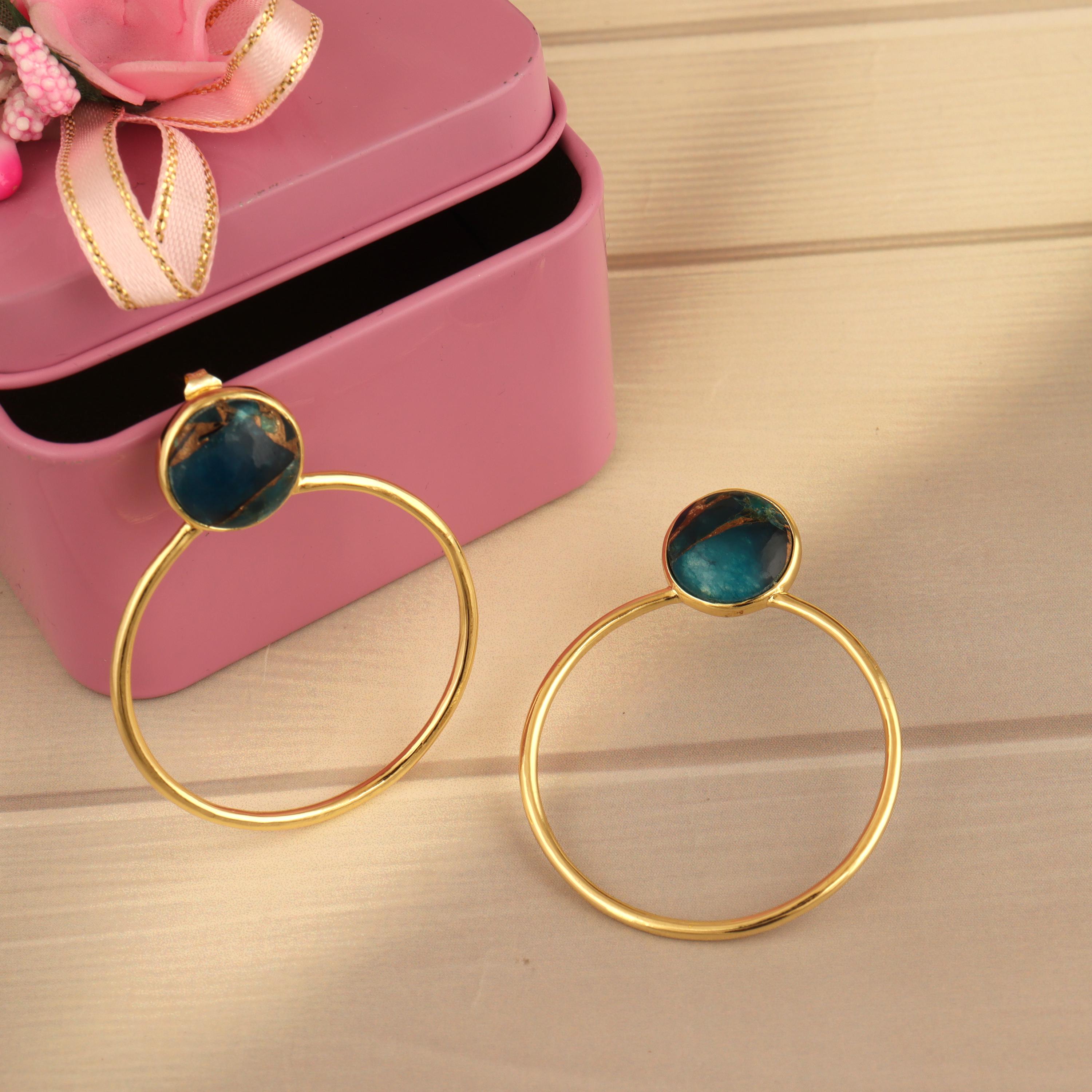 Apatite Turquoise Gold-Plated Hoop Earrings: Handmade Brass Jewelry