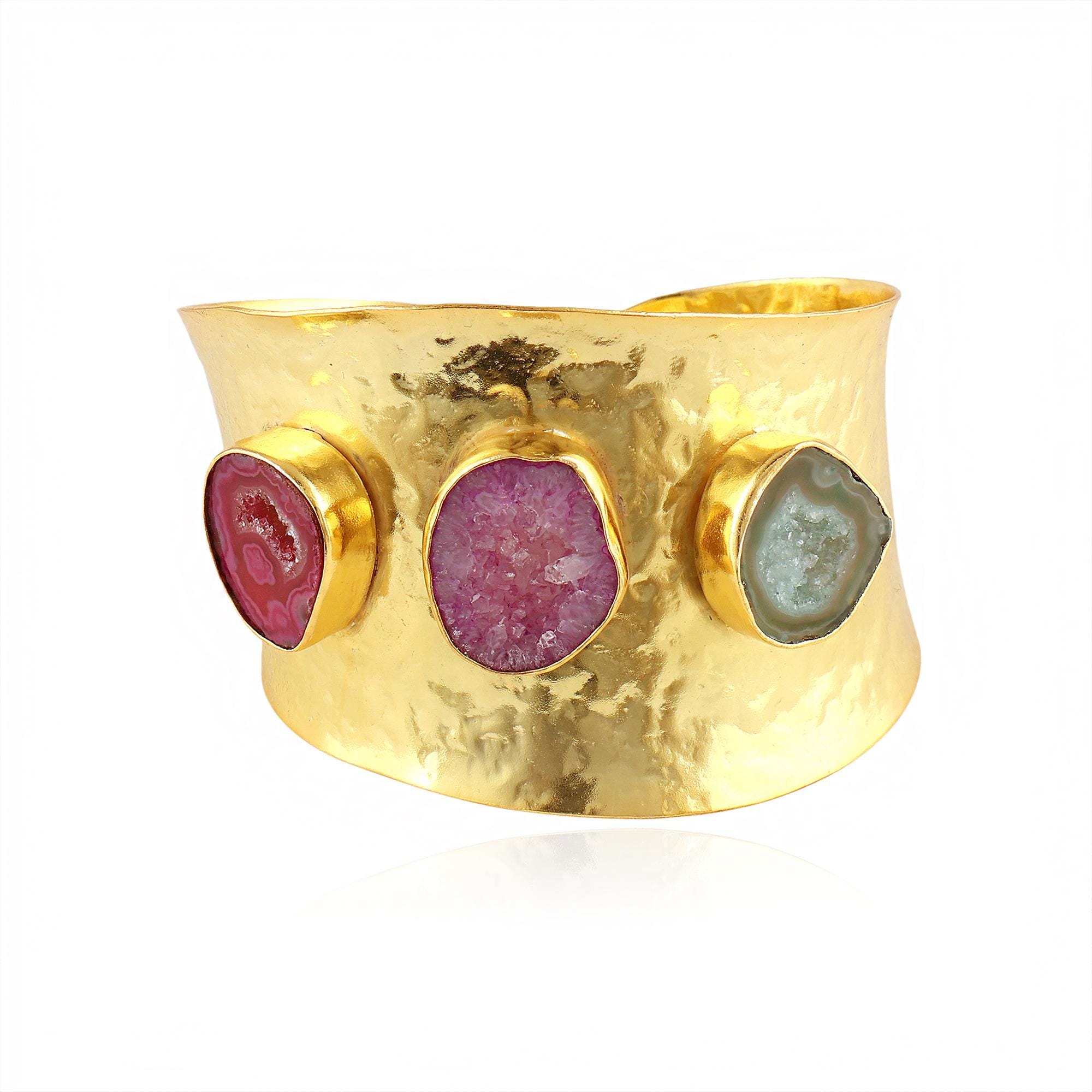 Tri-colored Geode Druzy Cuff Bracelet: 18k Gold Plated Handmade Adjustable Boho Jewelry
