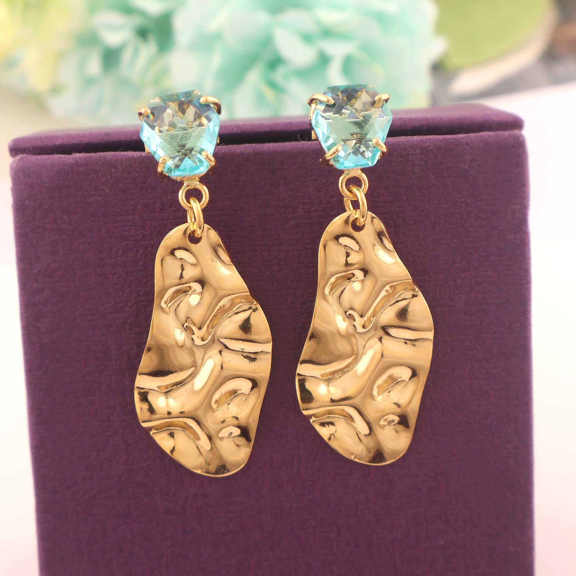 Handmade Swiss Blue Quartz Earrings: Hammered Gold-Plated Drop Earrings
