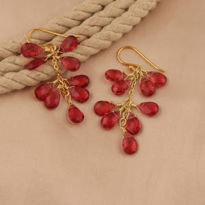 Op de afbeelding: Een paar goudkleurige oorbellen met clusters van gefacetteerde, druppelvormige rode edelstenen. De oorbellen hangen aan goudkleurige oorhaken en worden gepresenteerd op een beige oppervlak met een touw.