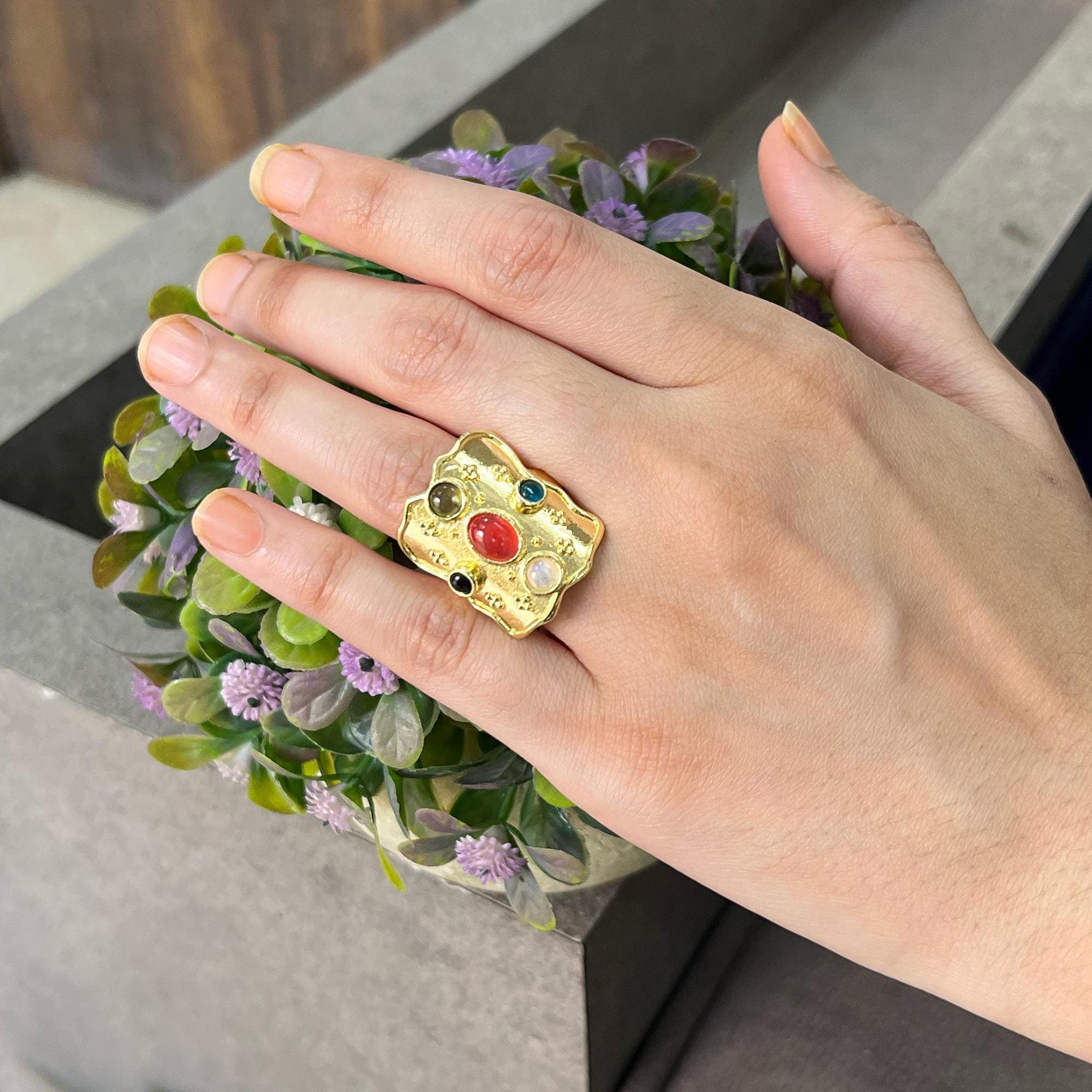 Multi Stone 18k Gold Plated Ring: Adjustable Bohemian Statement