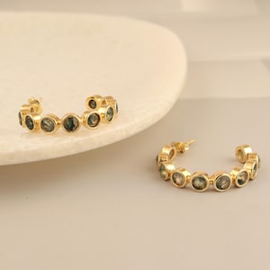 Moss Agate Hoop Earring For Women - 18k Gold-Plated Earring - Hoop Studs - Round Moss Agate Hoop Earrings - Cut Gemstone Hoop Stud