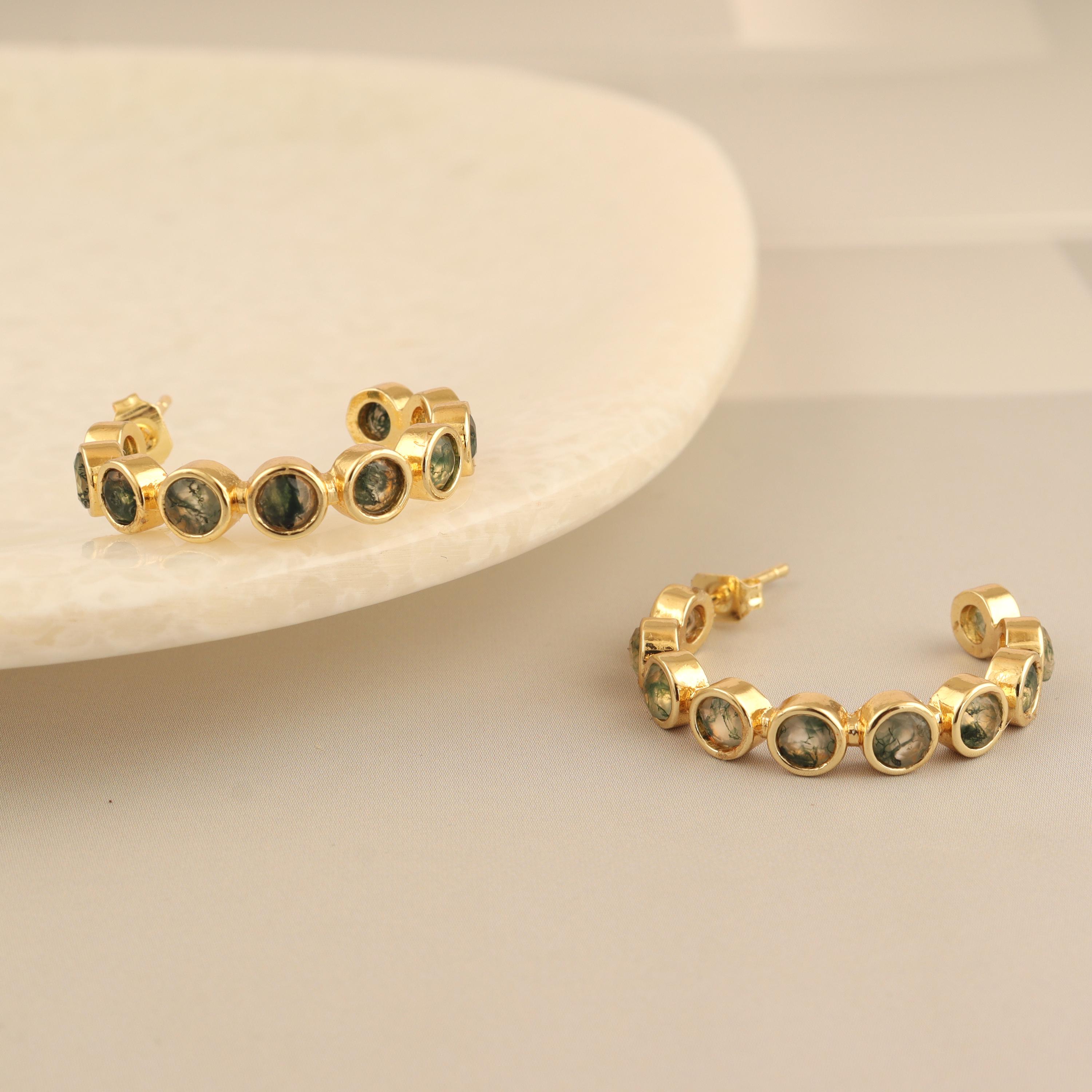 Moss Agate Hoop Earrings: 18k Gold-Plated Gemstone Studs