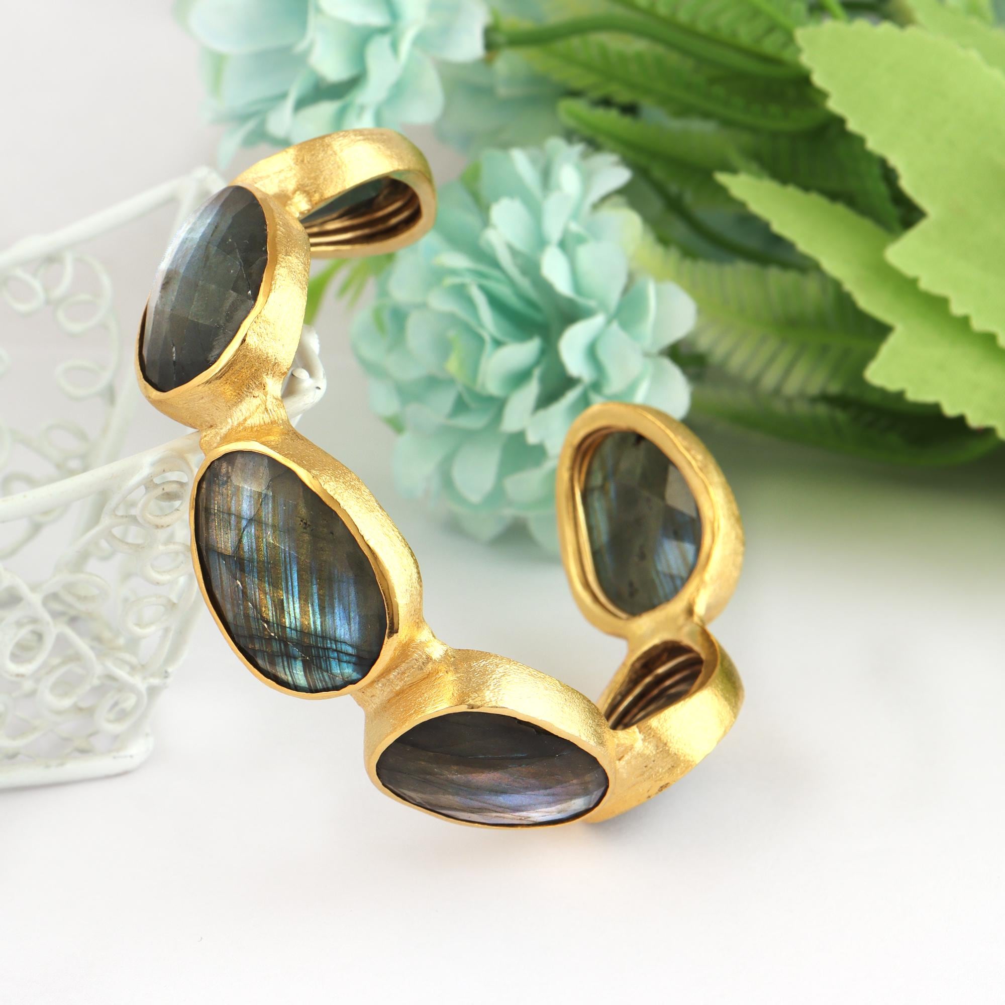 Large Multi Labradorite Cuff, Brass Gold Adjustable Bangle, Bohemian Jewelry, Blue Fire Labradorite Cuff Bracelet, Handmade Gemstone