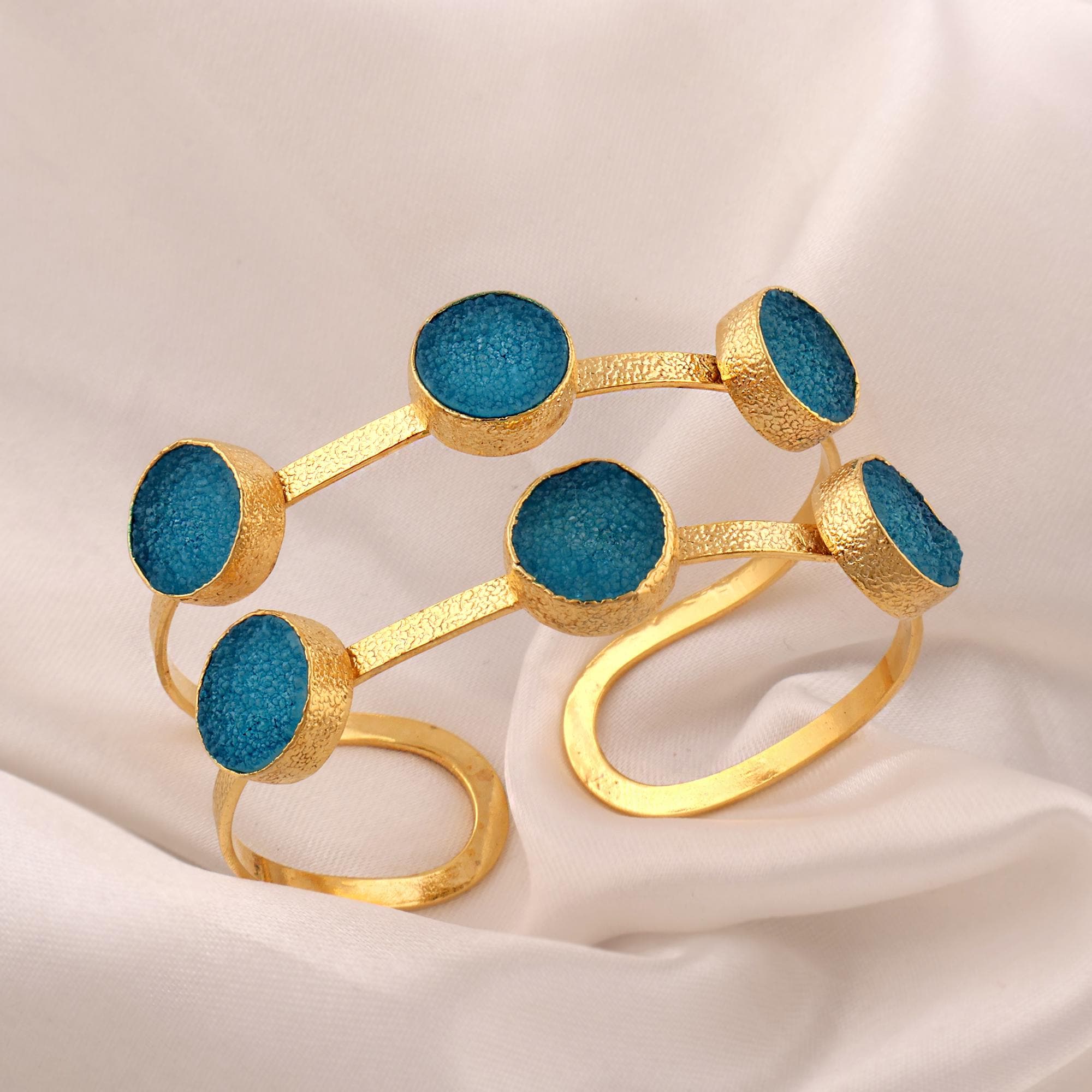 18k Gold-Plated Sky Blue Agate Druzy Cuff Bracelet: Adjustable Handmade Bangle
