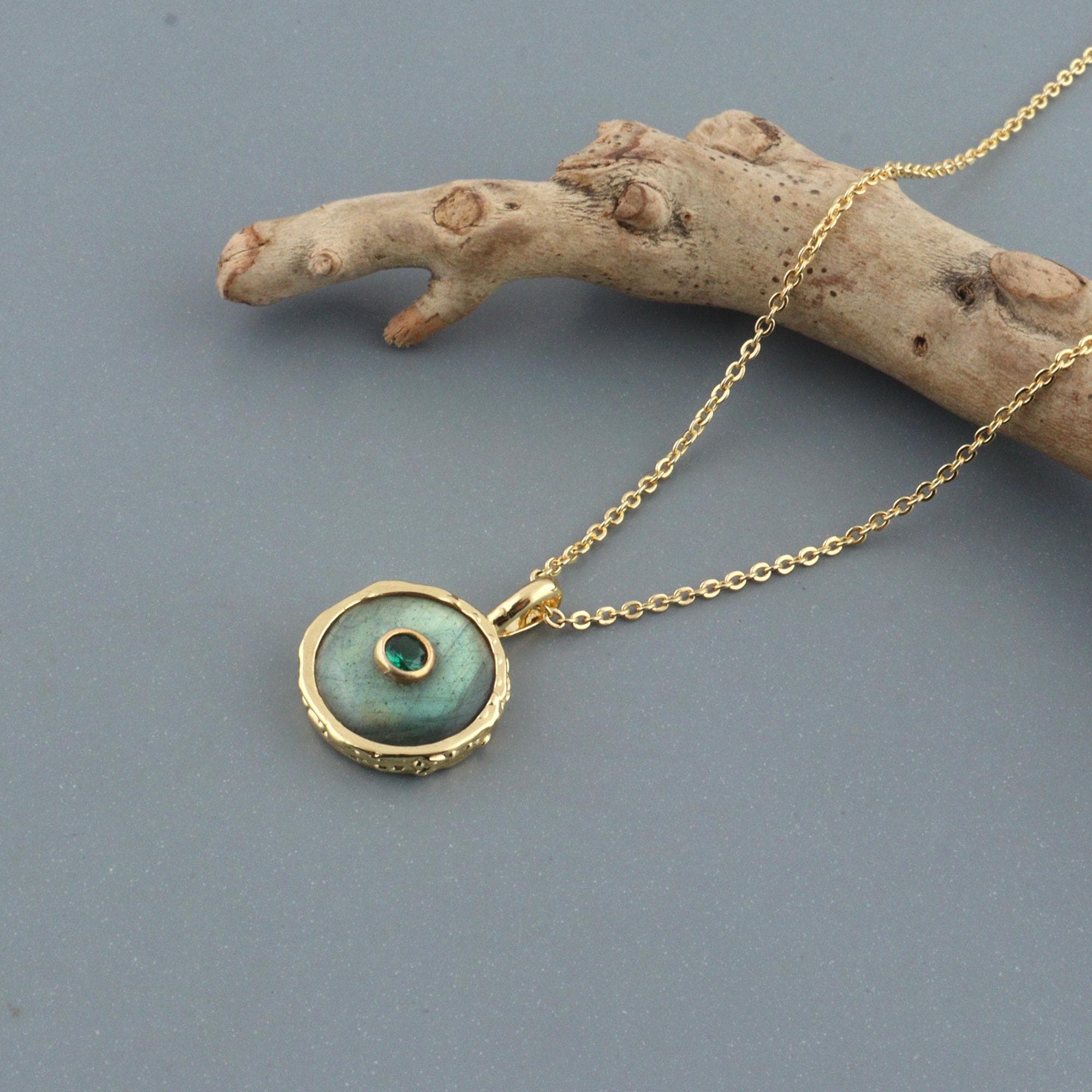 Natural Labradorite with CZ Pendant Charms: Gold Plated Round Gemstone Necklace