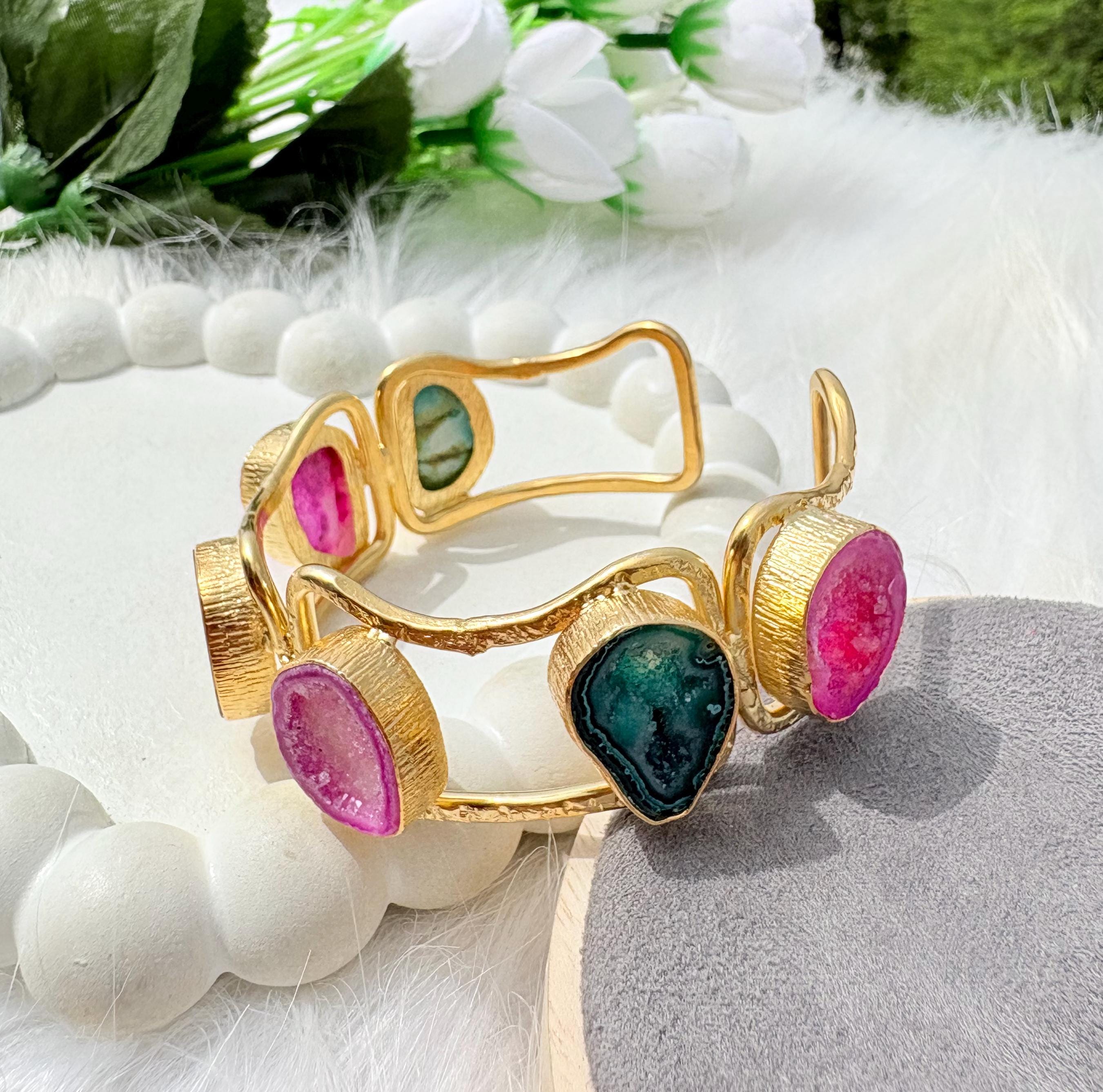 18k Gold Agate Druzy Cuff Bracelet: Pink & Green Crystal Bangle for Her
