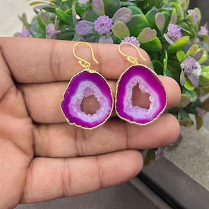 Pink Agate Geode Earrings: Gold Plated Dangle, Natural Stone Jewelry