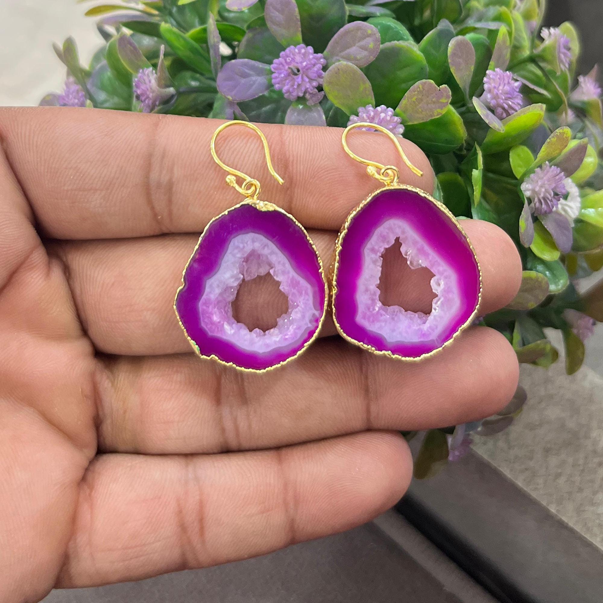 Pink Agate Geode Earrings: Gold Plated Dangle, Natural Stone Jewelry
