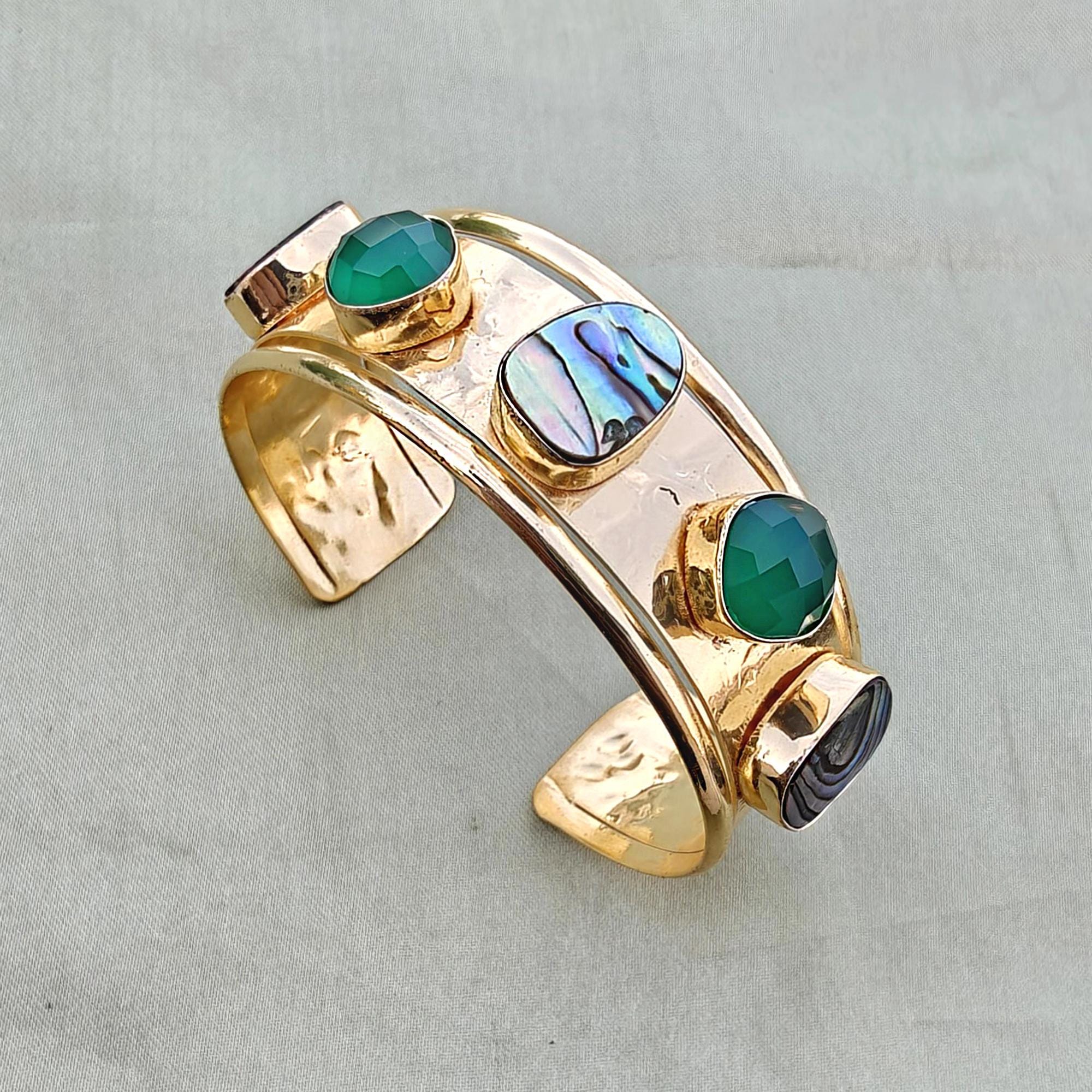 Abalone Shell & Green Onyx Cuff Bracelet - Brass Wide Open Statement Bangle